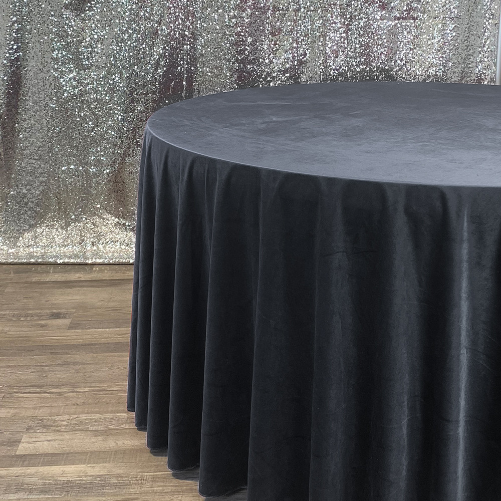 132 Inch Round Velvet Tablecloth Black Side View