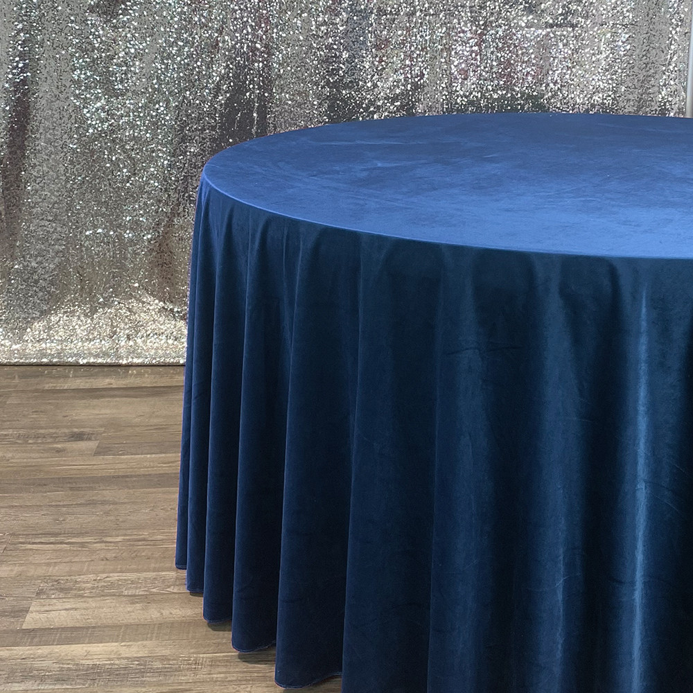 132 Inch Round Velvet Tablecloth Navy Blue Side View