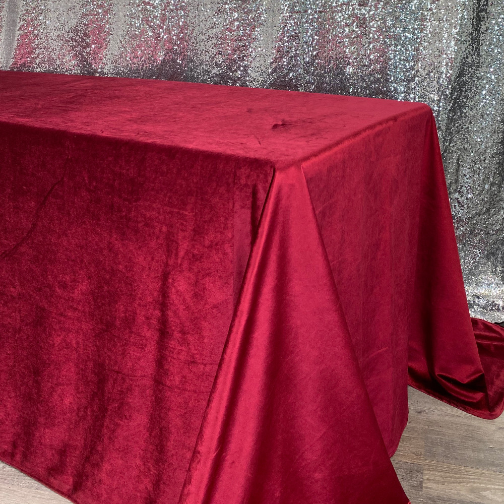 90 x 132 Inch Rectangular Velvet Tablecloth Burgundy Side Drop