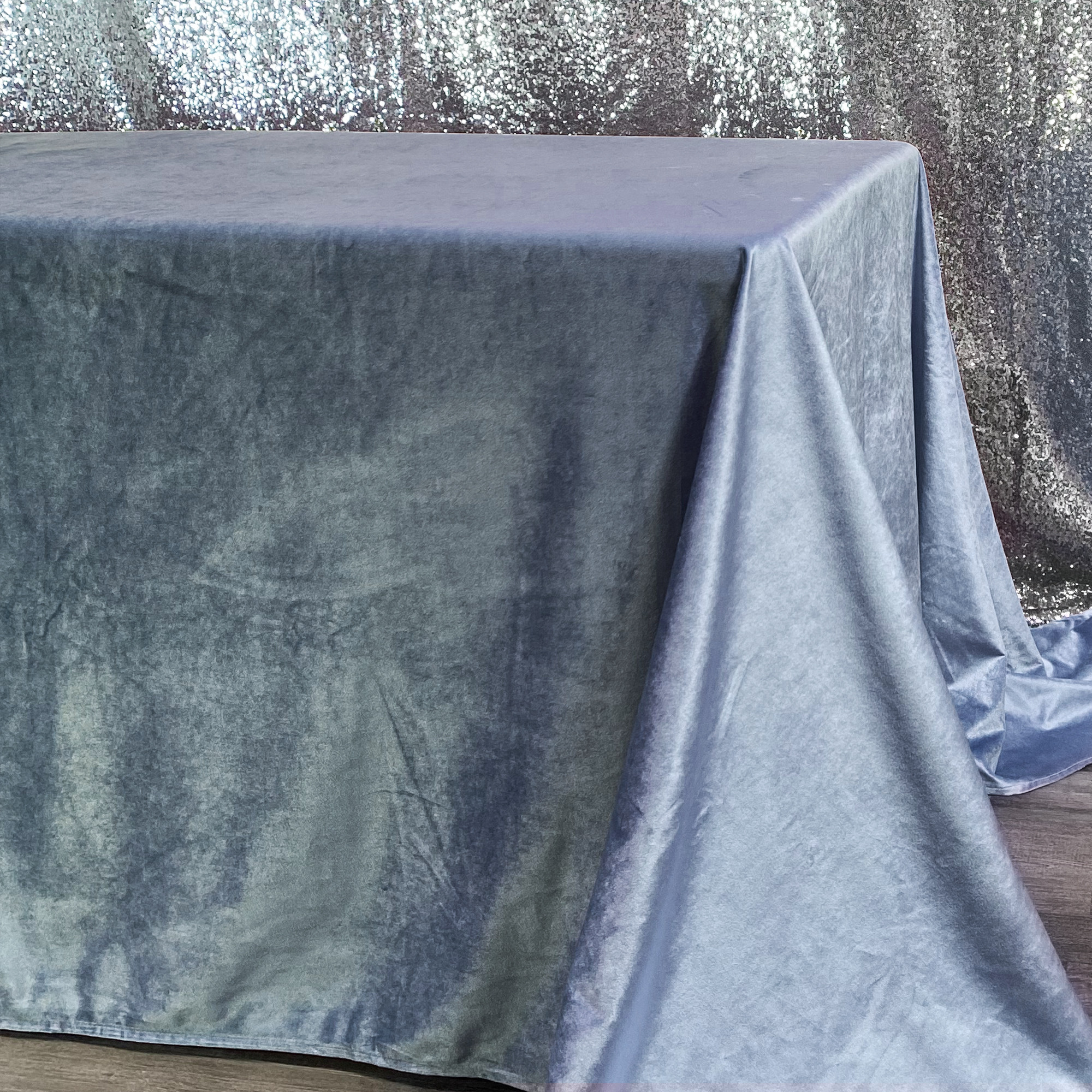 90 x 132 Inch Rectangular Velvet Tablecloth Dusty Blue Side Drop