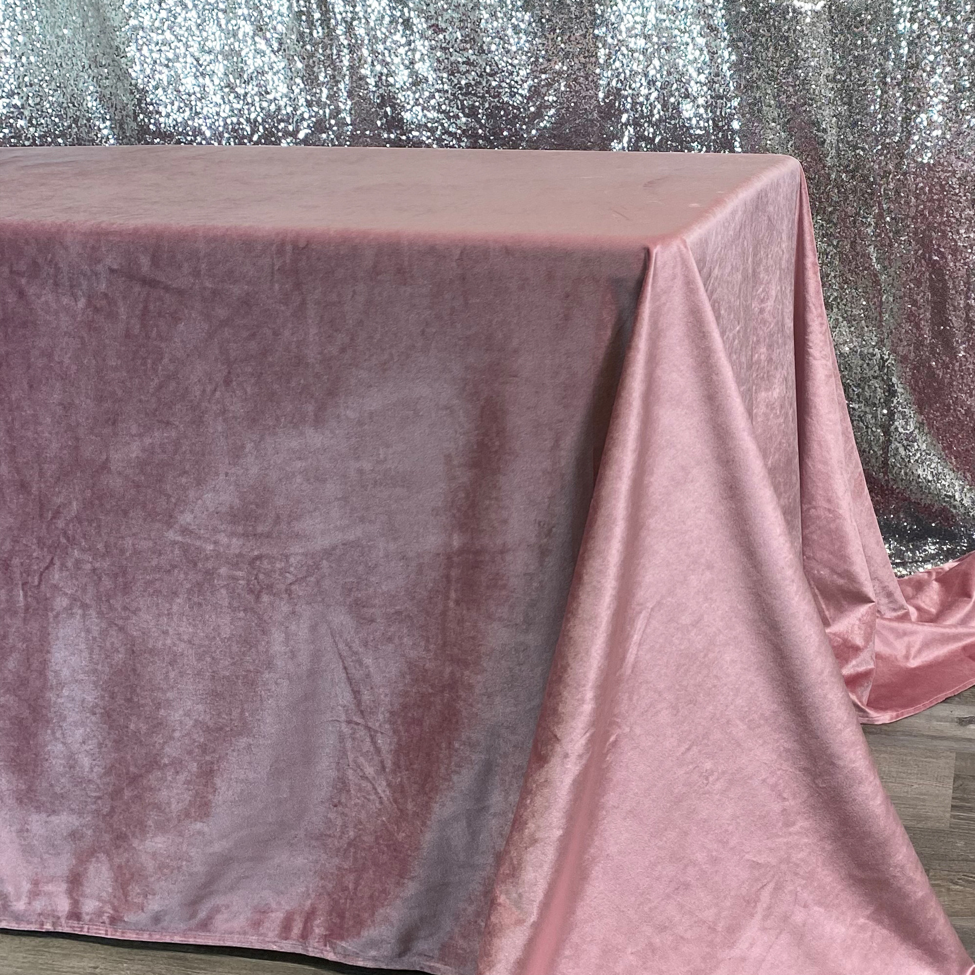 90 x 132 Inch Rectangular Velvet Tablecloth Dusty Rose Side Drop