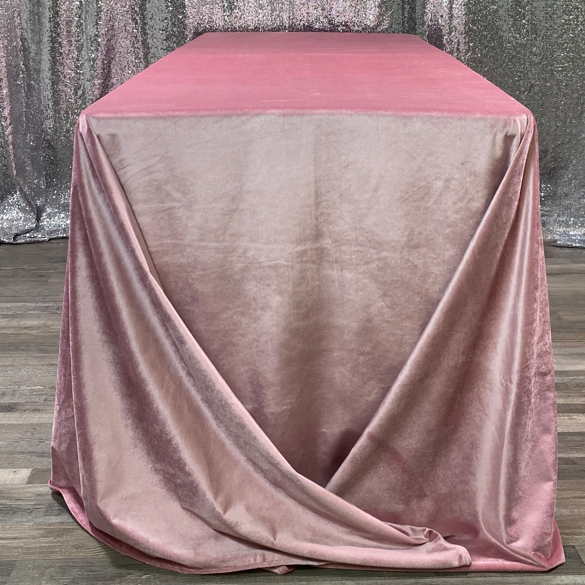 90 x 132 Inch Rectangular Velvet Tablecloth Dusty Rose Side View
