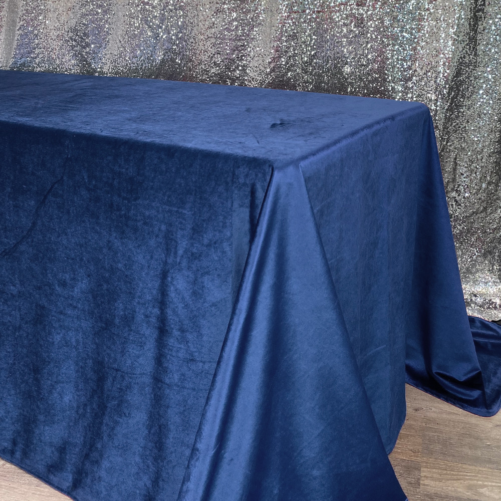 90 x 132 Inch Rectangular Velvet Tablecloth Navy Blue Side Drop
