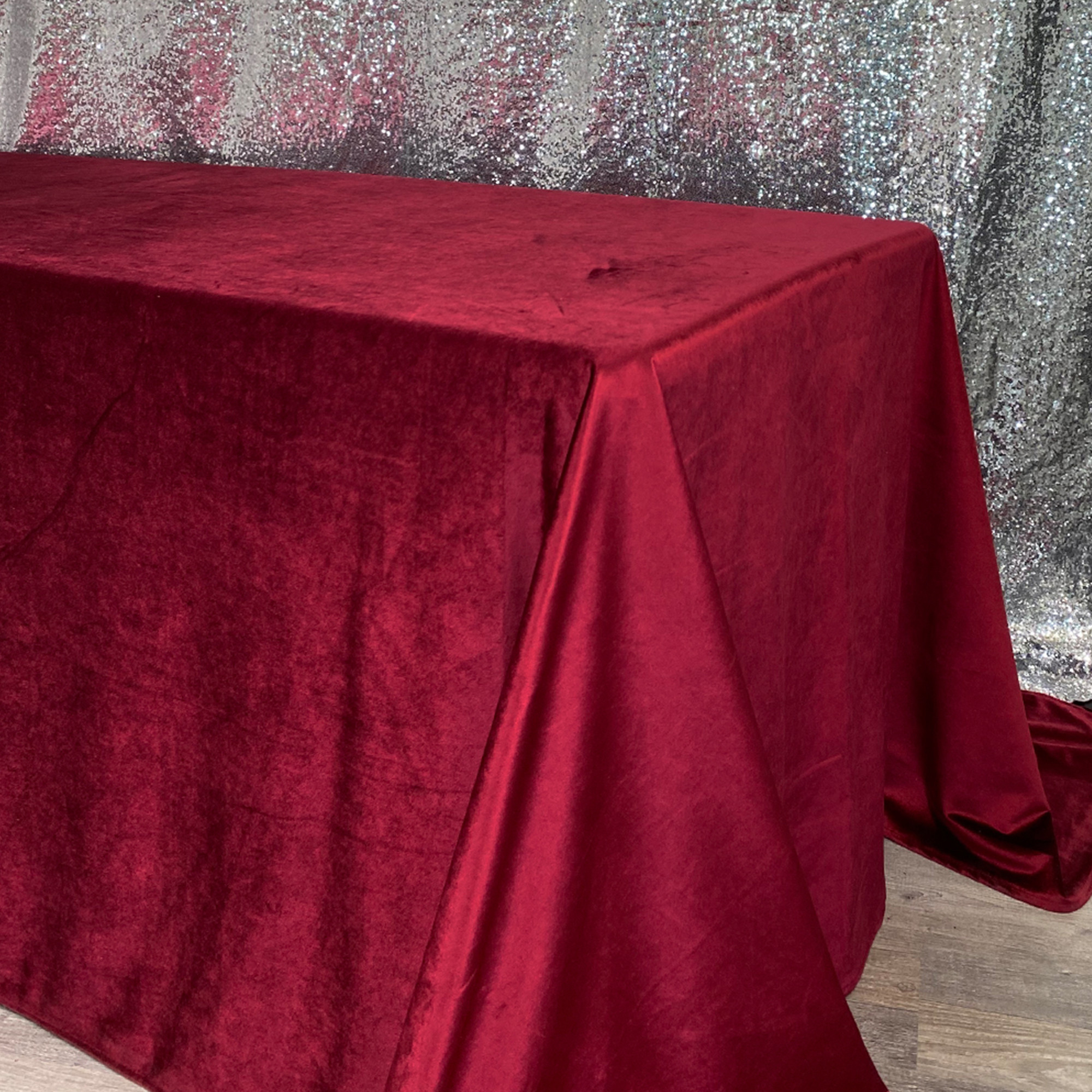 90 x 156 Inch Rectangular Velvet Tablecloth Burgundy Side Drop