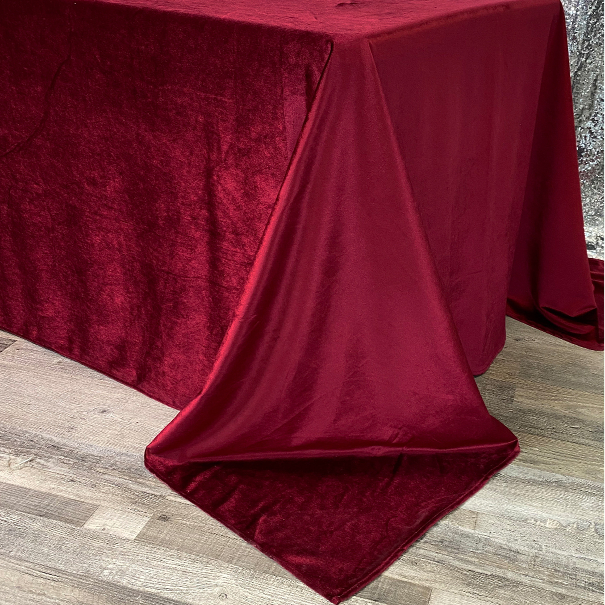 90 x 156 Inch Rectangular Velvet Tablecloth Burgundy Corner