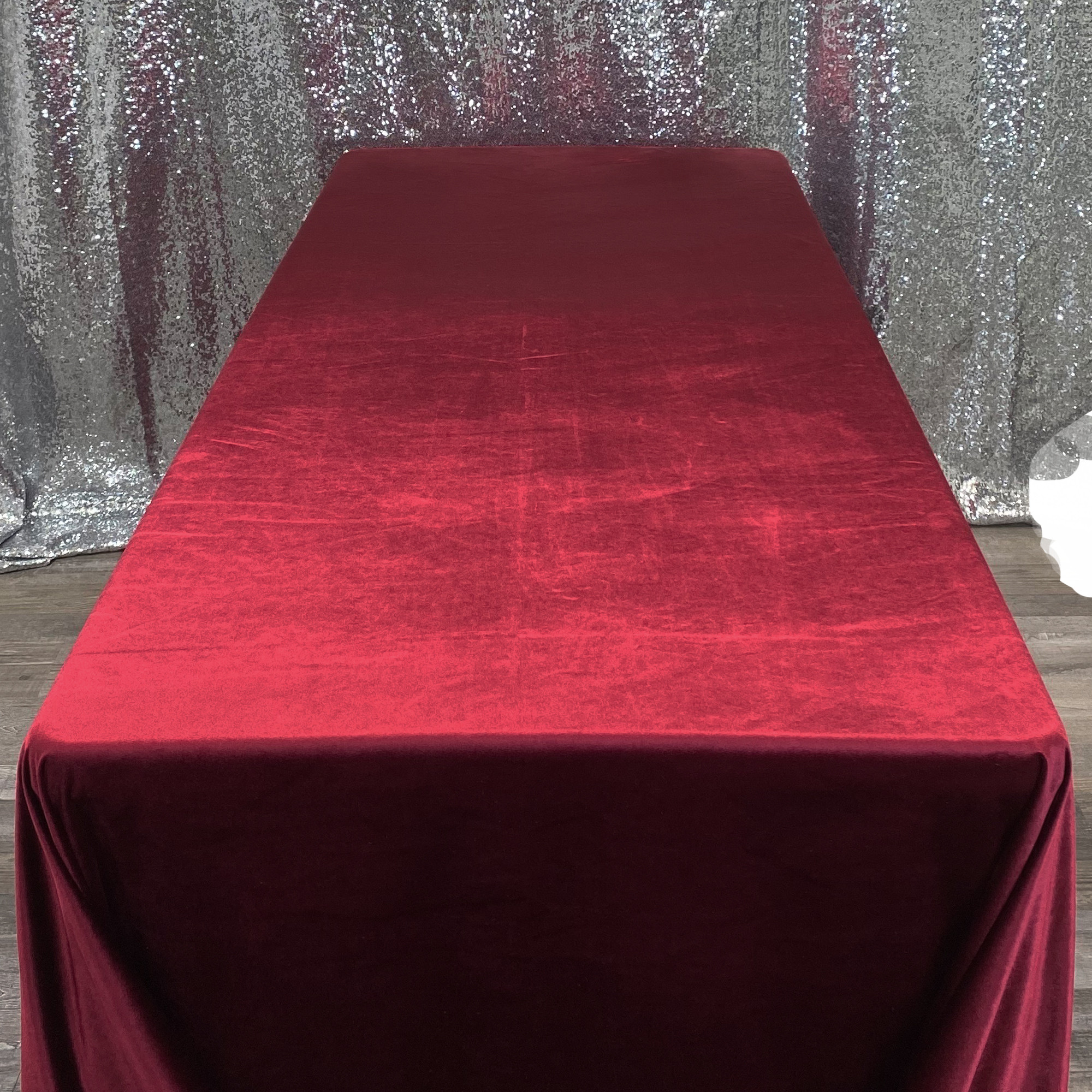 90 x 156 Inch Rectangular Velvet Tablecloth Burgundy Top