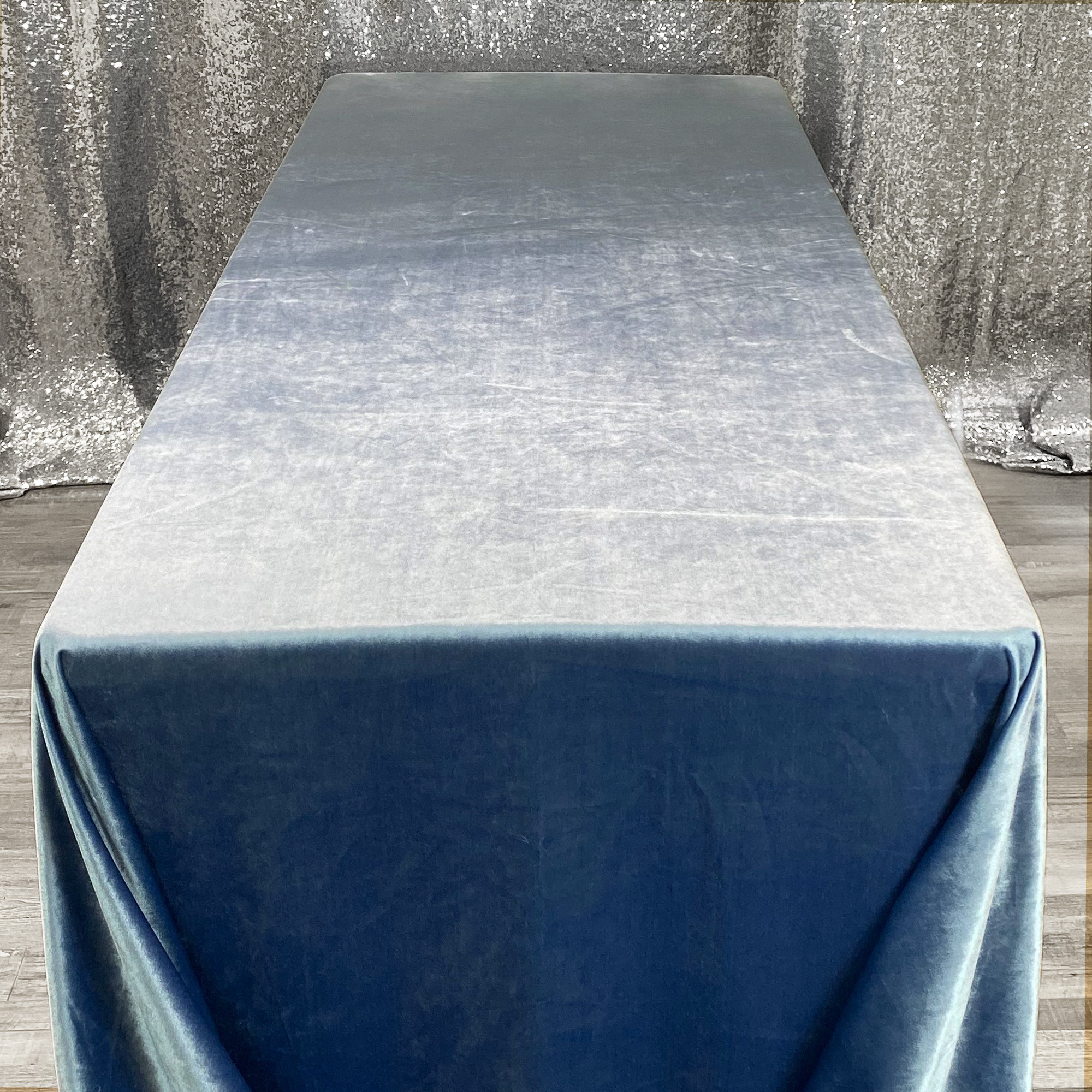 90 x 156 Inch Rectangular Velvet Tablecloth Dusty Blue Top