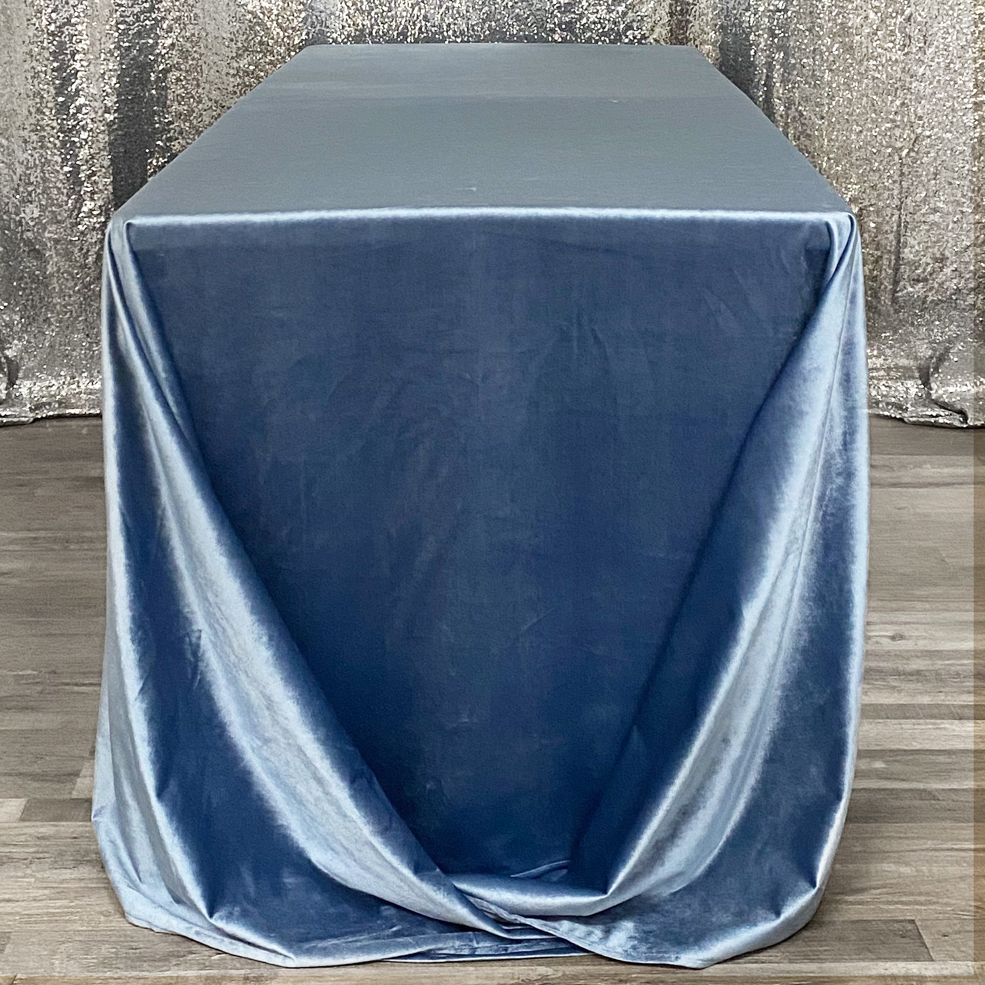 90 x 156 Inch Rectangular Velvet Tablecloth Dusty Blue Side View
