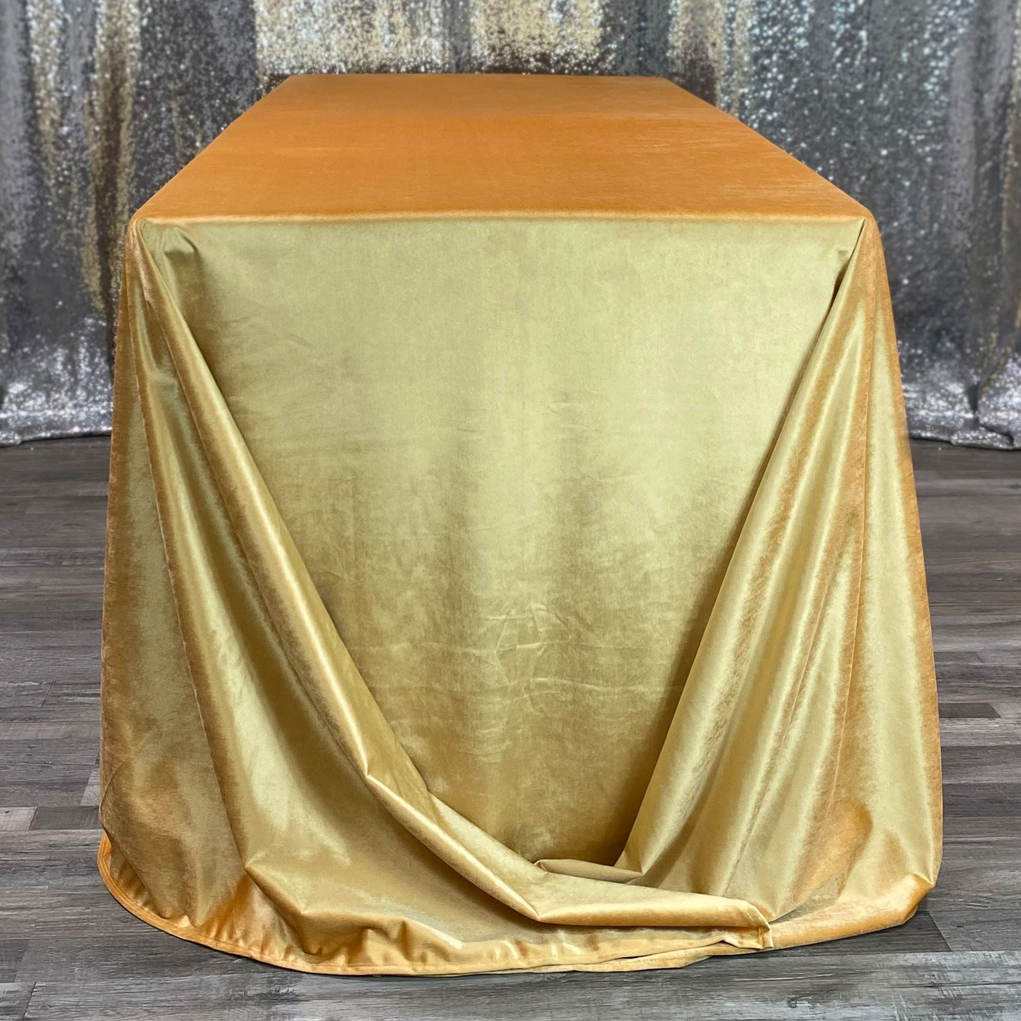 90 x 156 Inch Rectangular Velvet Tablecloth Gold Side View