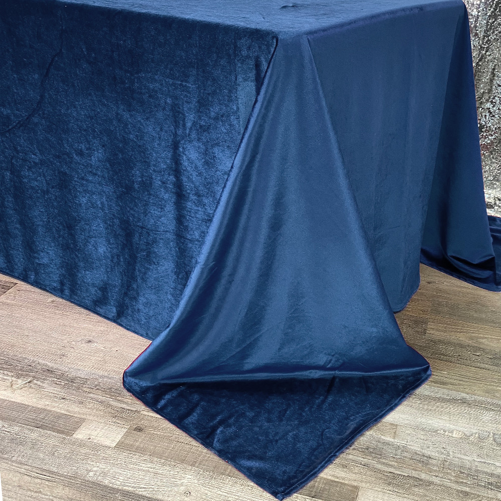 90 x 156 Inch Rectangular Velvet Tablecloth Navy Blue Corner