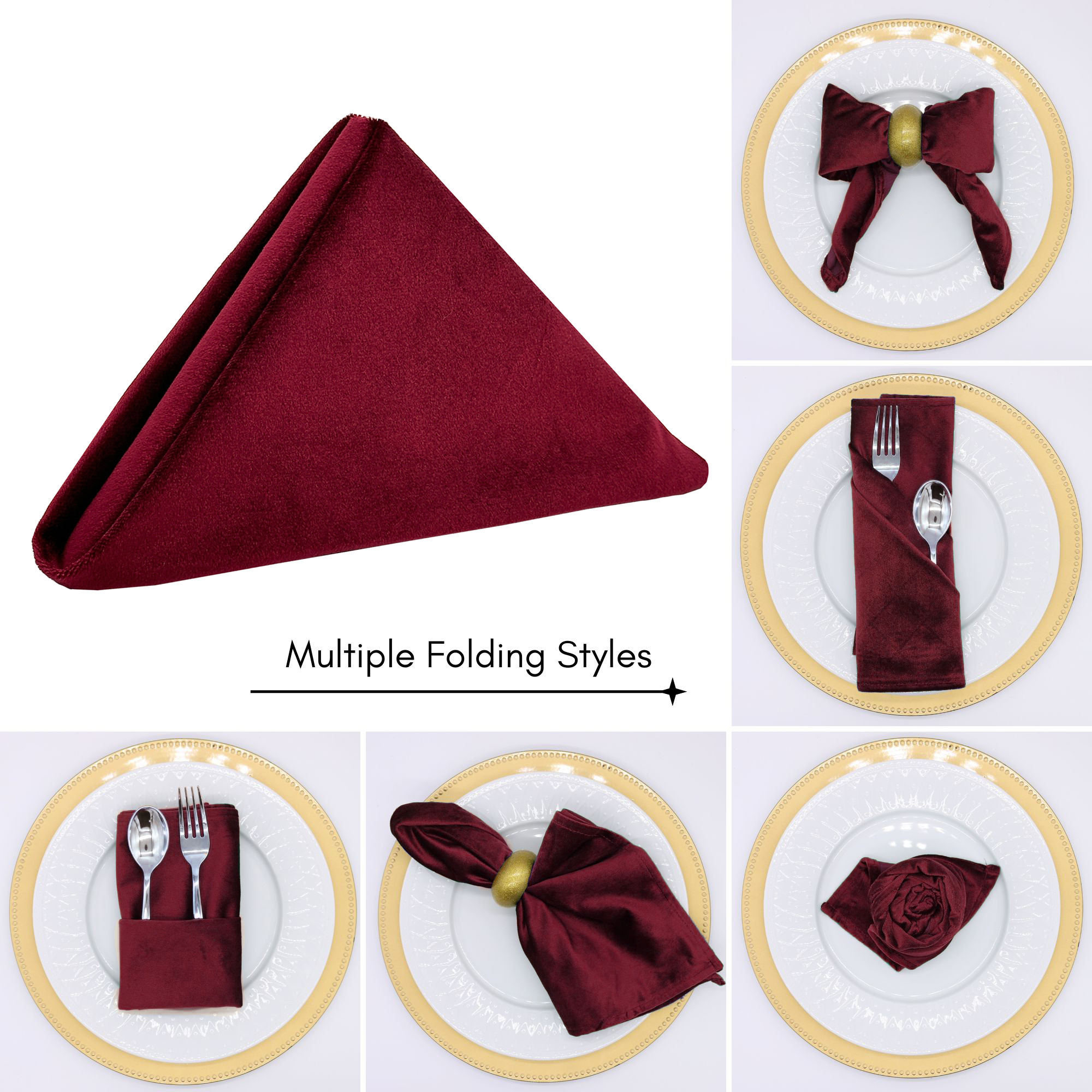 10 Pack 20 Inch Velvet Cloth Napkins Burgundy Folding Options