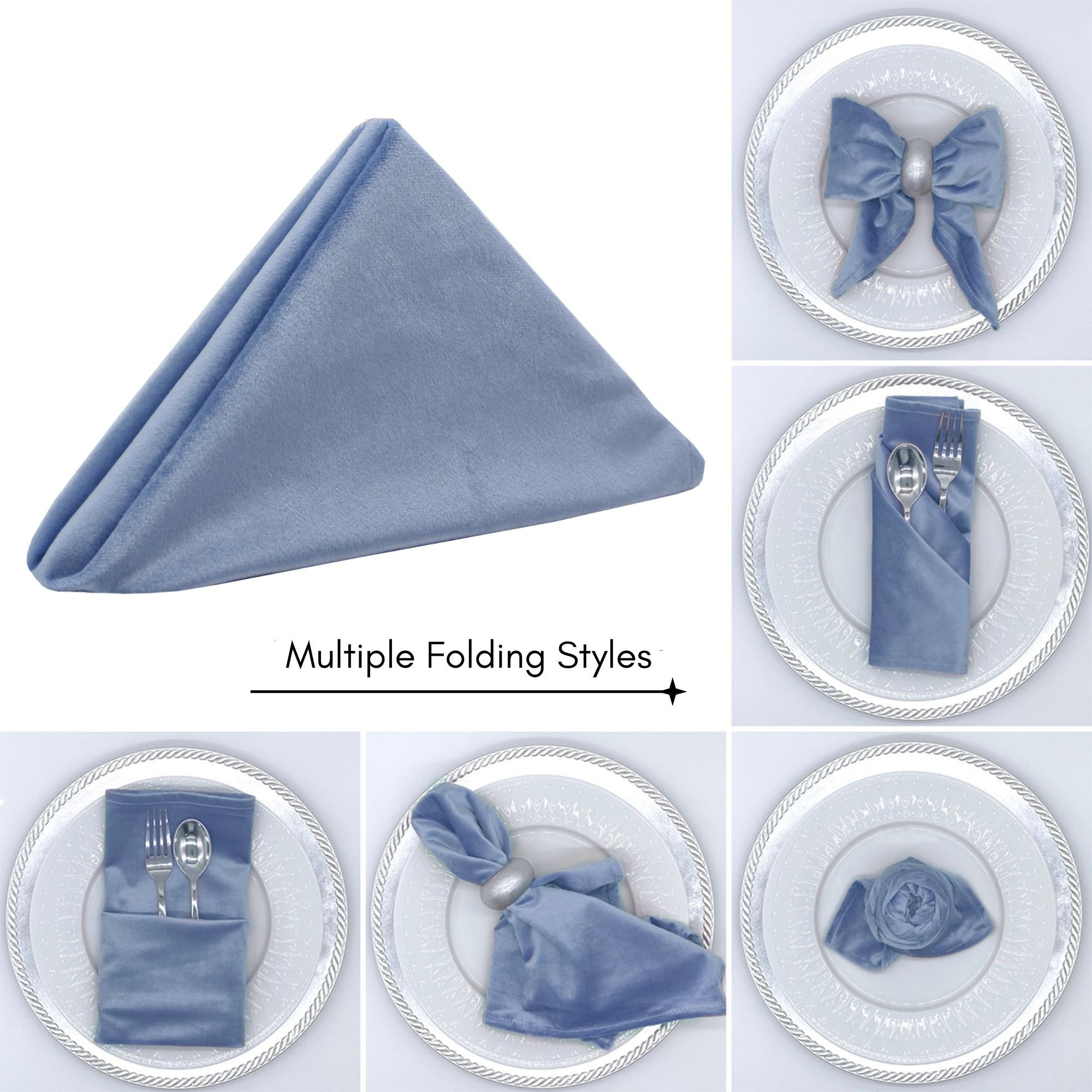 10 Pack 20 Inch Velvet Cloth Napkins Dusty Blue folding styles