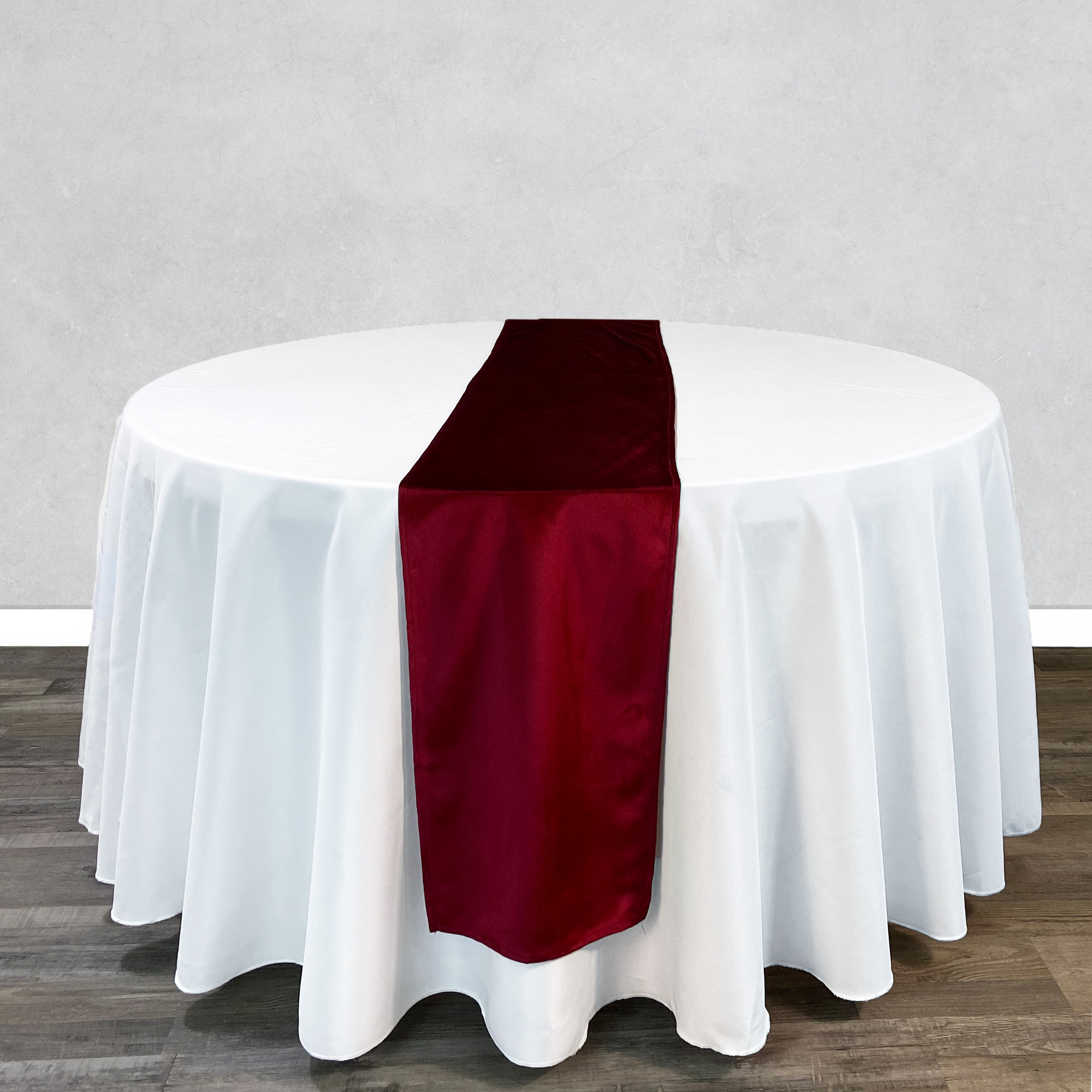 14 x 108 Inch Velvet Table Runner Burgundy on round table