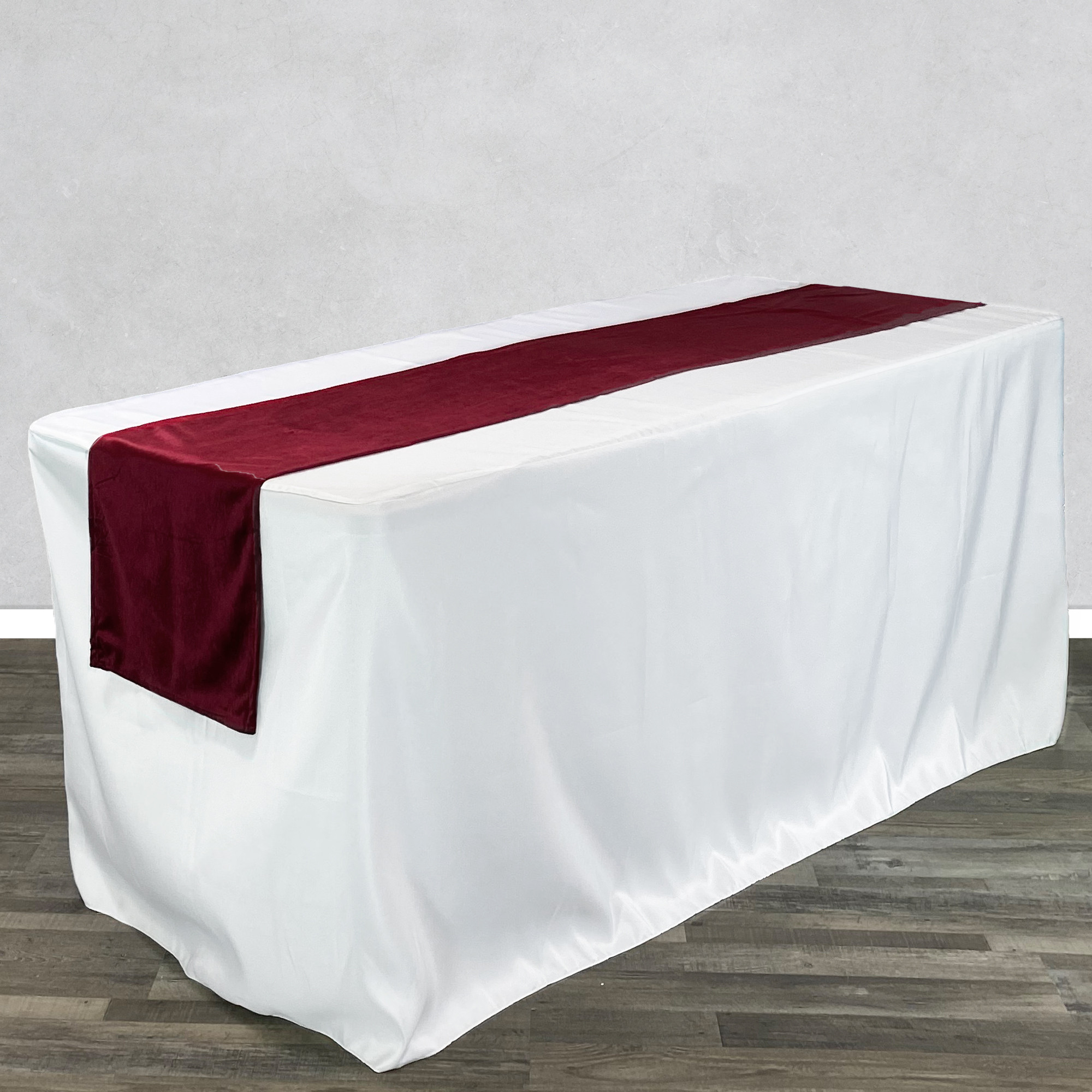 14 x 108 Inch Velvet Table Runner Burgundy on rectangular table
