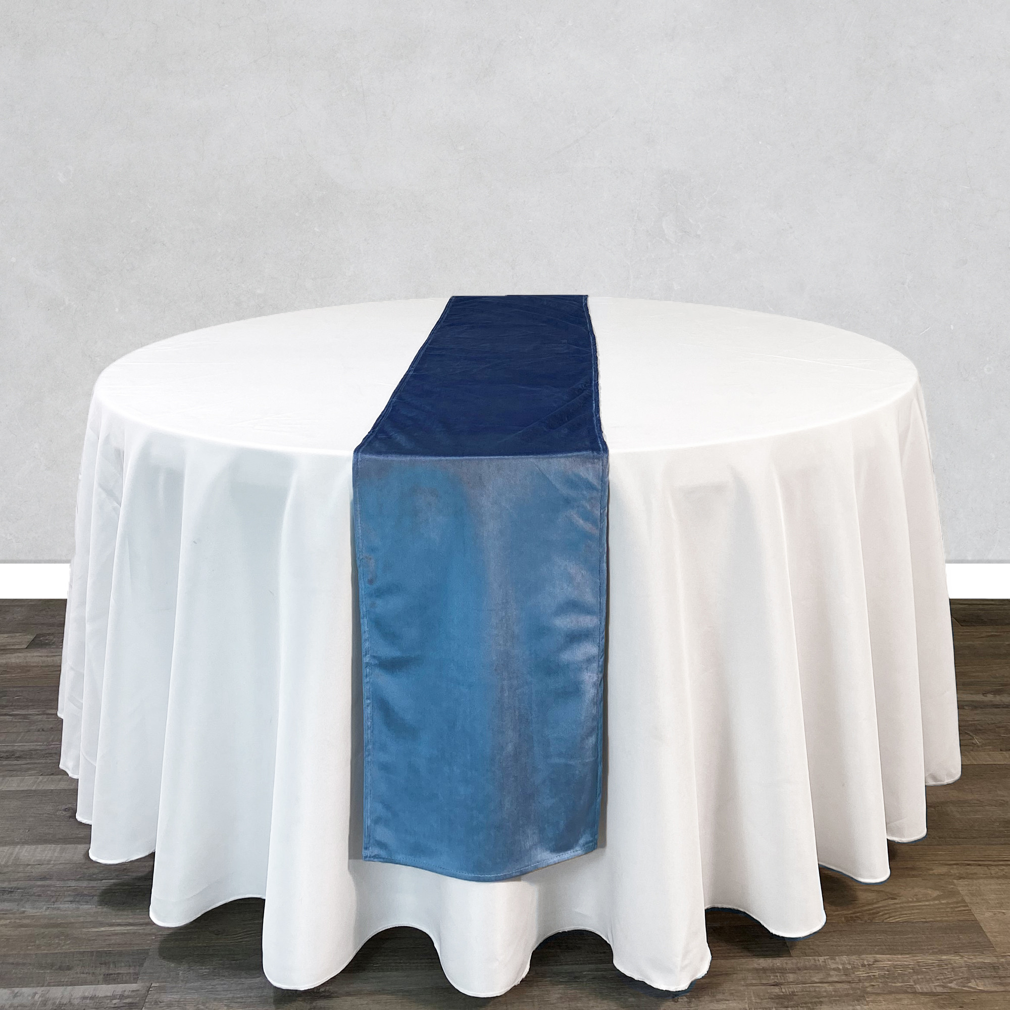 14 x 108 Inch Velvet Table Runner Dusty Blue on round table