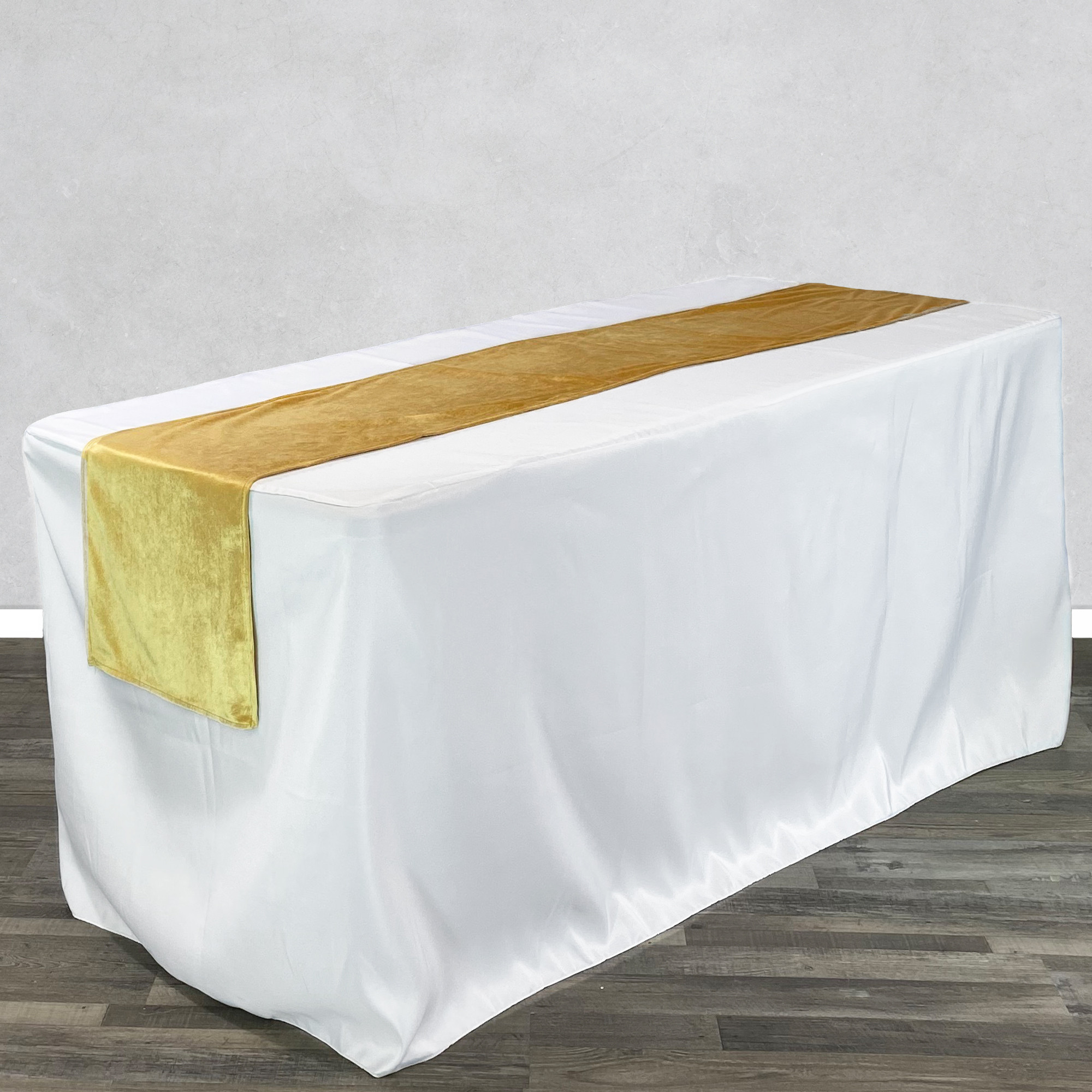 14 x 108 Inch Velvet Table Runner Gold  on rectangular table