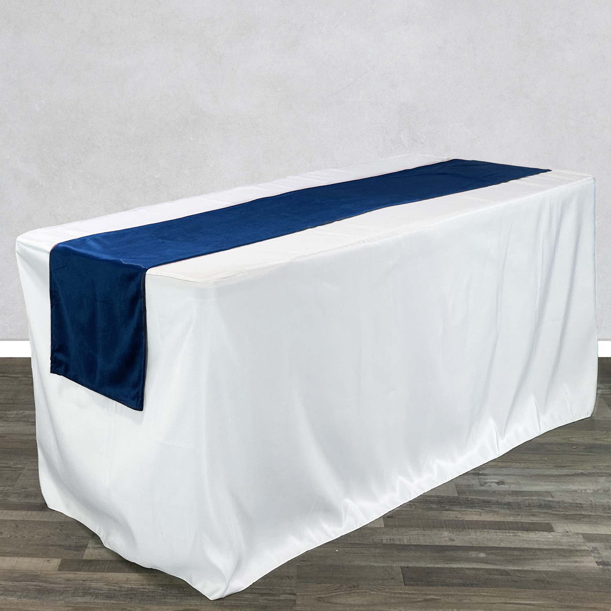 14 x 108 Inch Velvet Table Runner Navy Blue on rectangular table