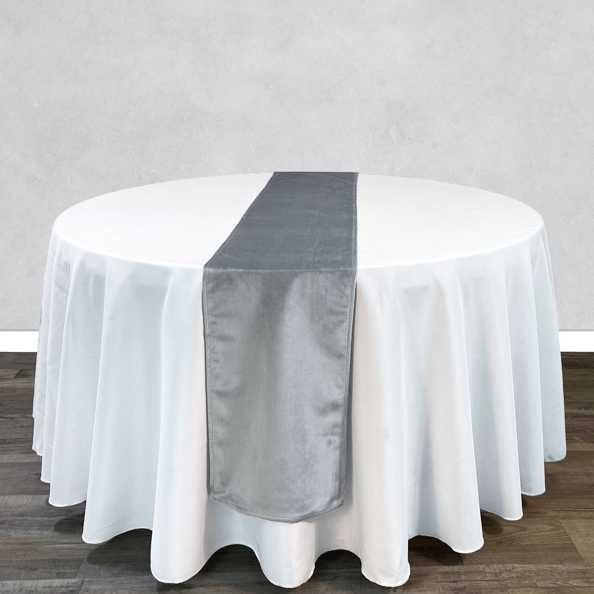 14 x 108 Inch Velvet Table Runner Gray on round table