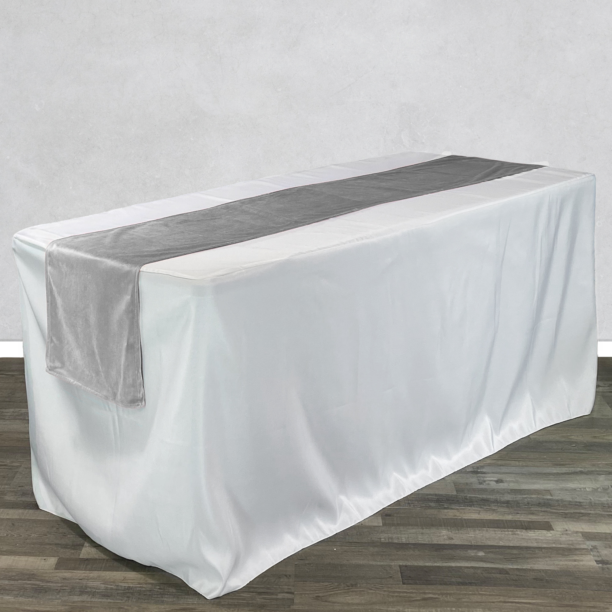 14 x 108 Inch Velvet Table Runner Gray on rectangular table