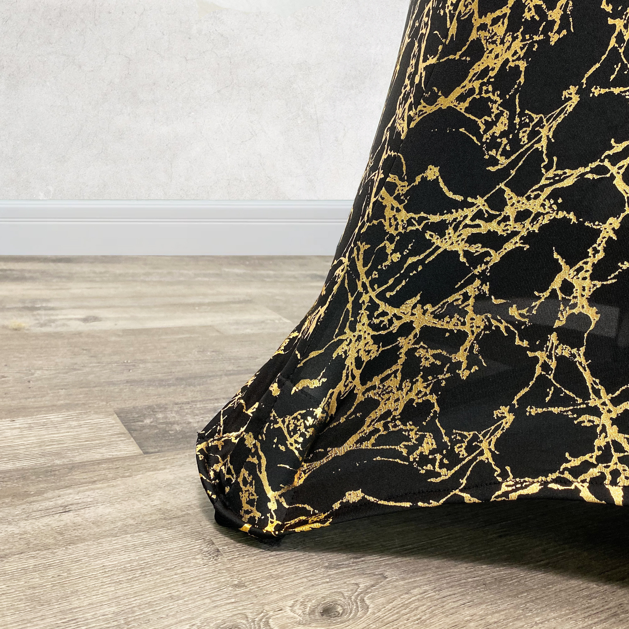 30 inch Highboy Cocktail Round Black Stretch Spandex Table Cover With Gold Marbling outside pocket