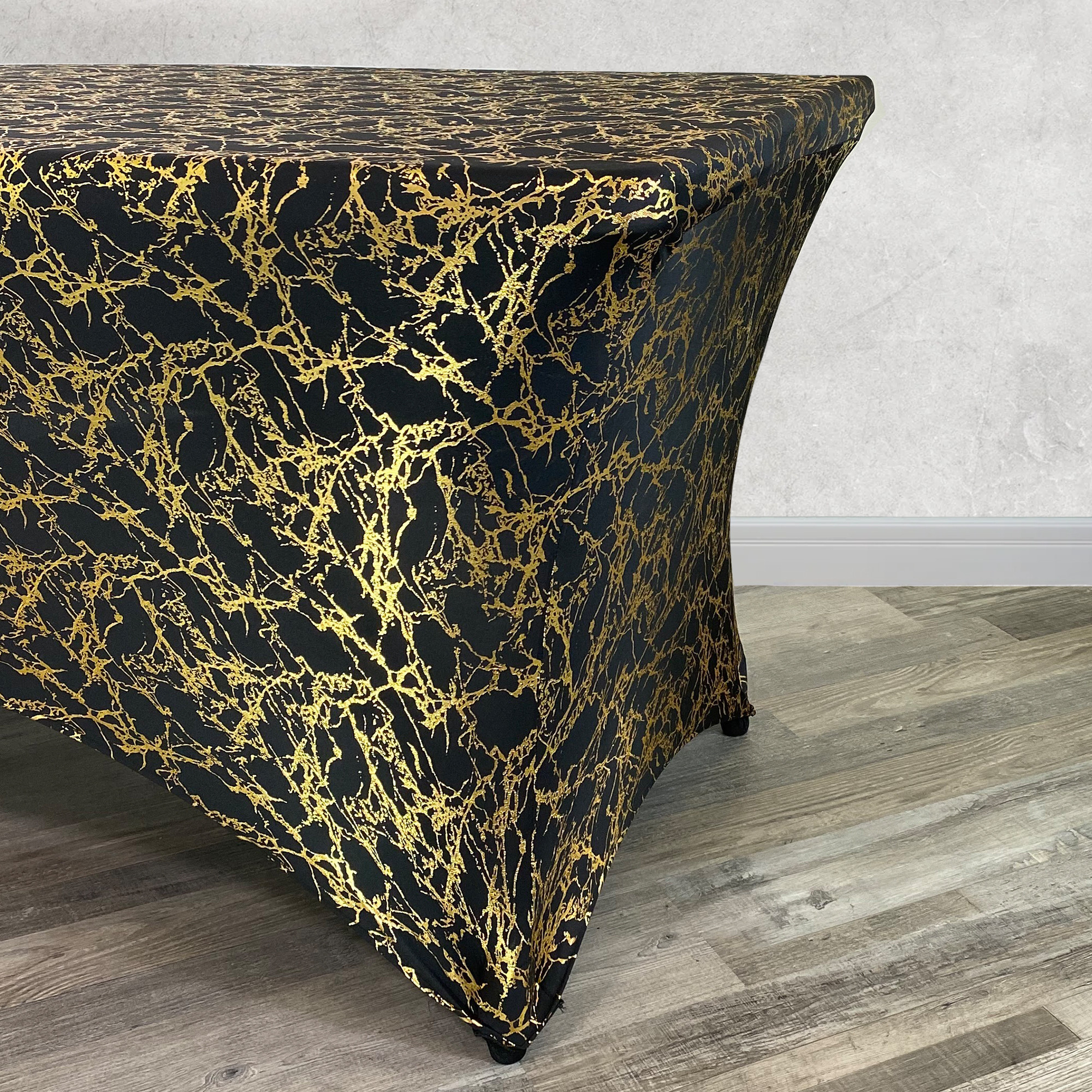 Stretch Spandex 6 ft Rectangular Black Table Cover With Gold Marbling  Side Corner