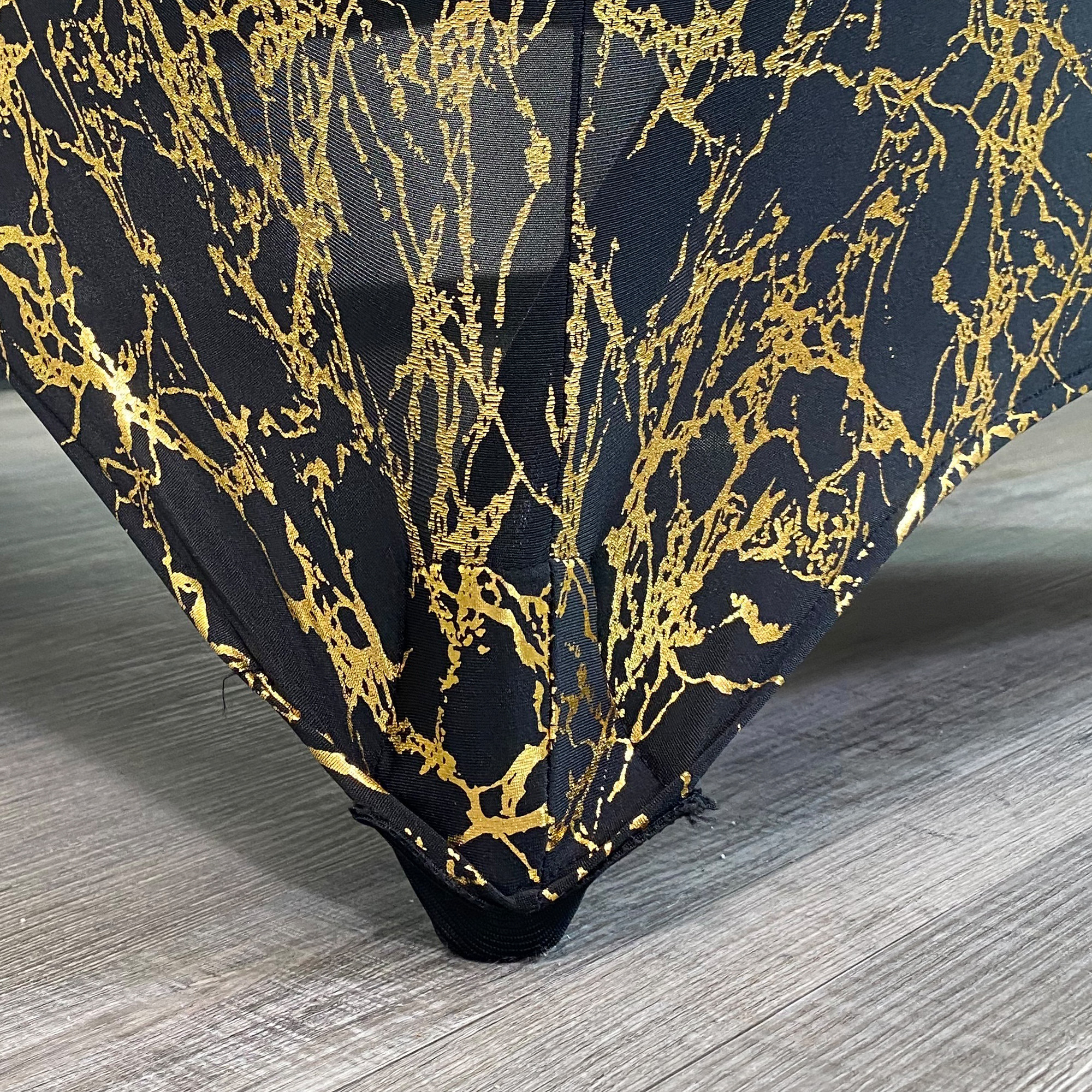 Stretch Spandex 6 ft Rectangular Black Table Cover With Gold Marbling  Pocket Outside 