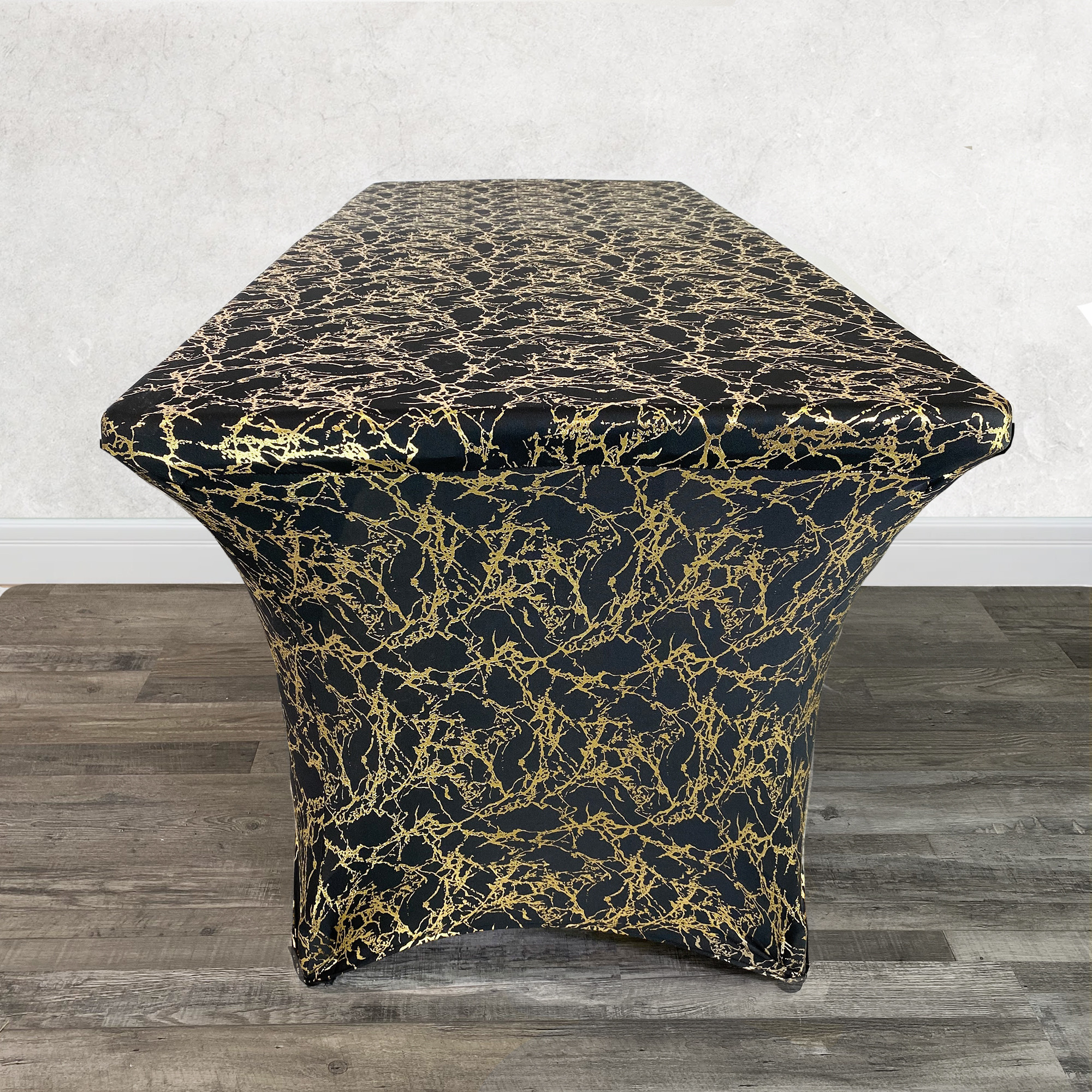 Stretch Spandex 6 ft Rectangular Black Table Cover With Gold Marbling  Side 