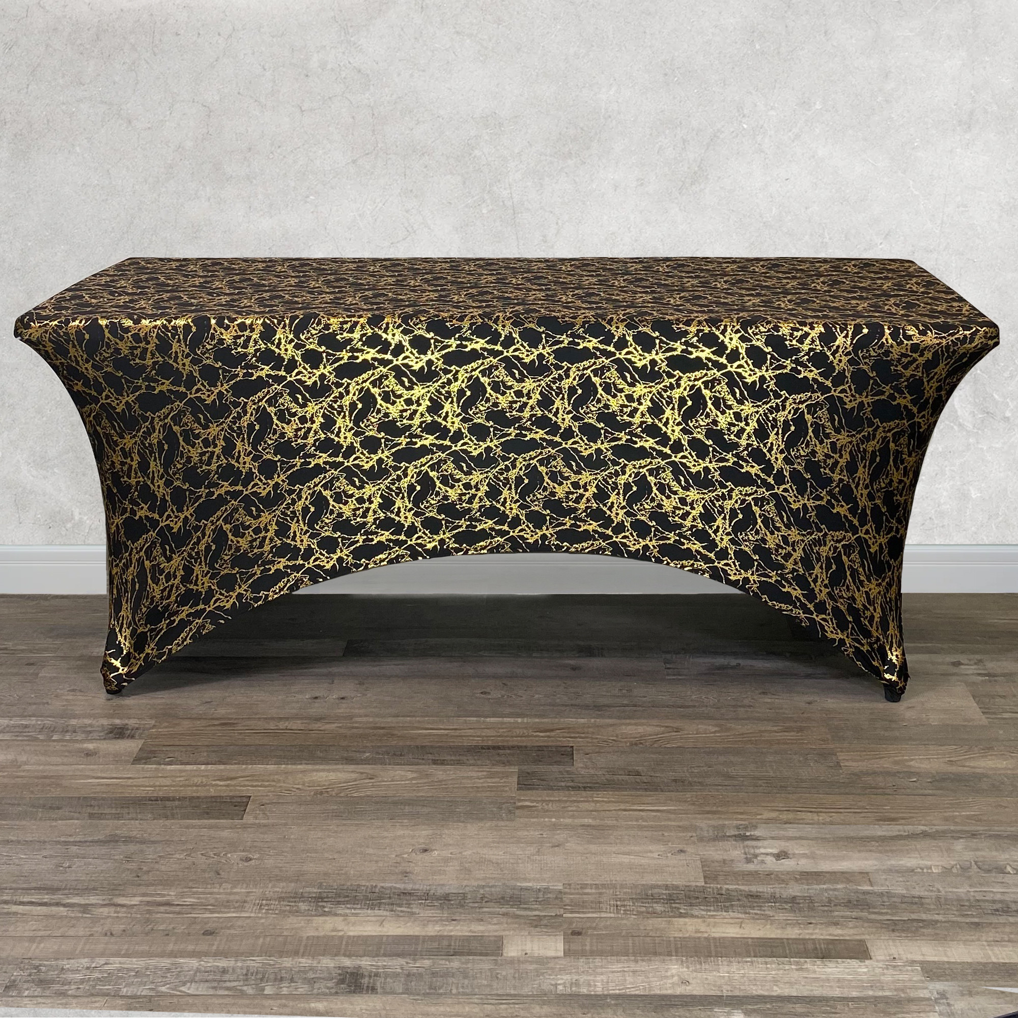 Stretch Spandex 8 ft Rectangular Black Table Cover With Gold Marbling Front
