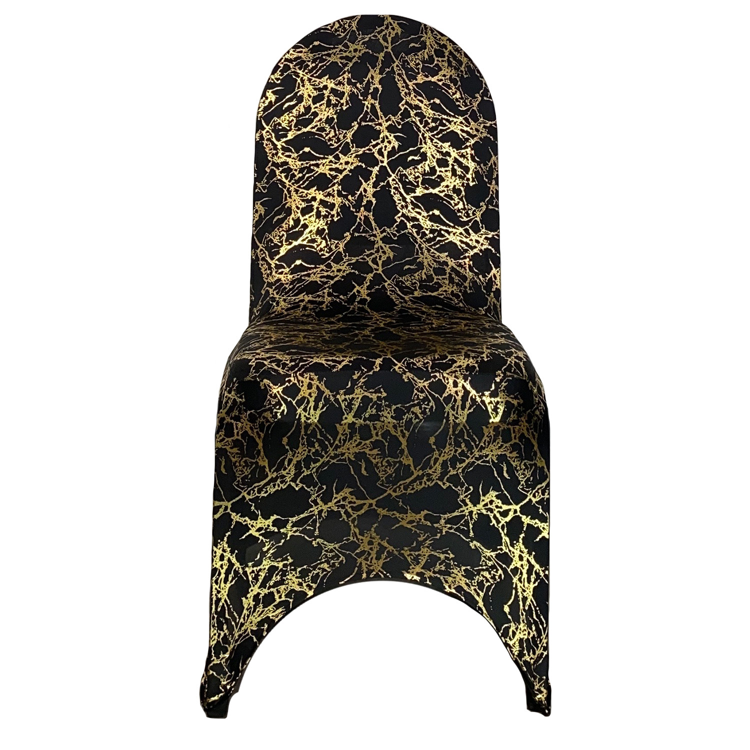 Stretch Spandex Banquet Chair Cover Black With Gold Marbling Front
