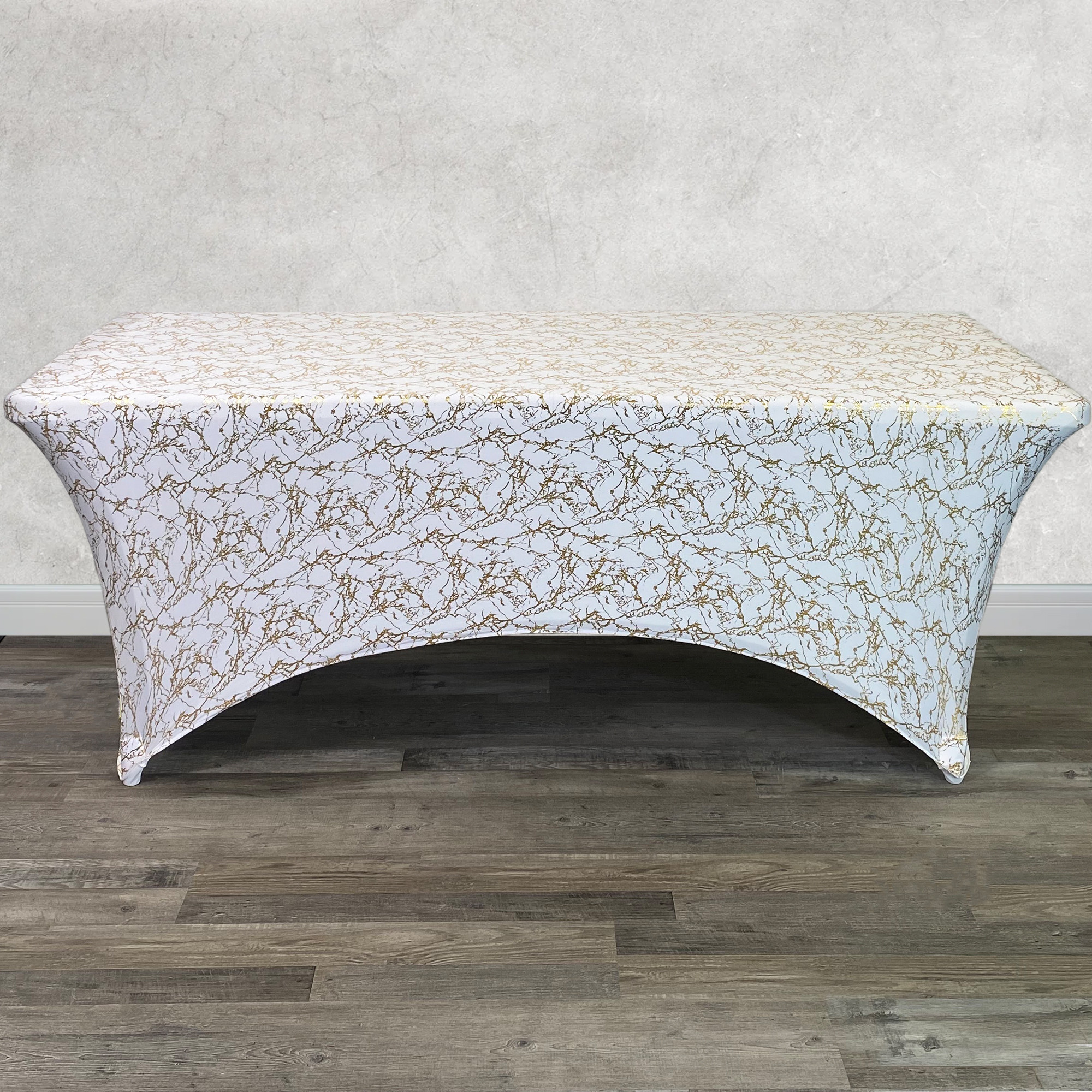 Stretch Spandex 6 ft Rectangular Table Cover White With Gold Marbling Front