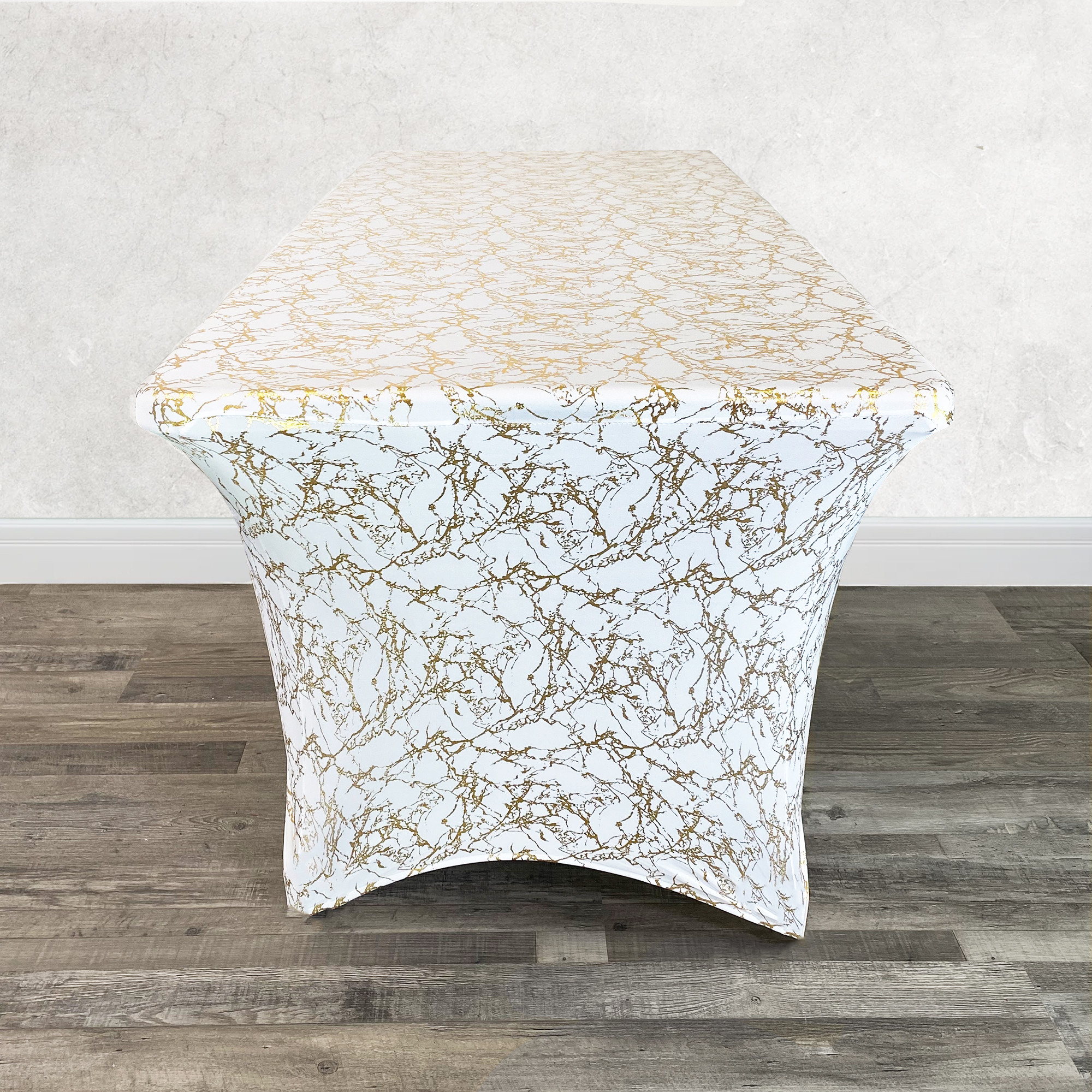 Stretch Spandex 6 ft Rectangular Table Cover White With Gold Marbling Side