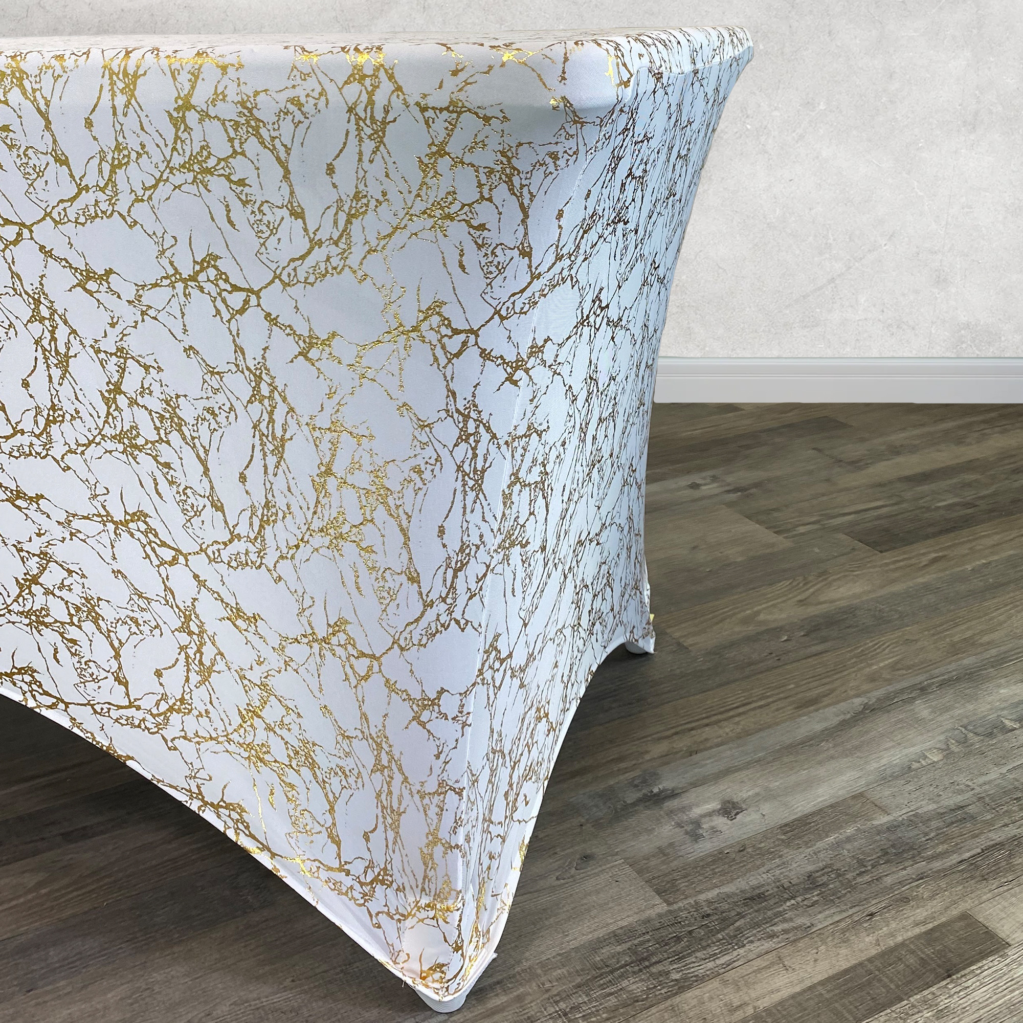 Stretch Spandex 8 ft Rectangular Table Cover White With Gold Marbling Side Corner