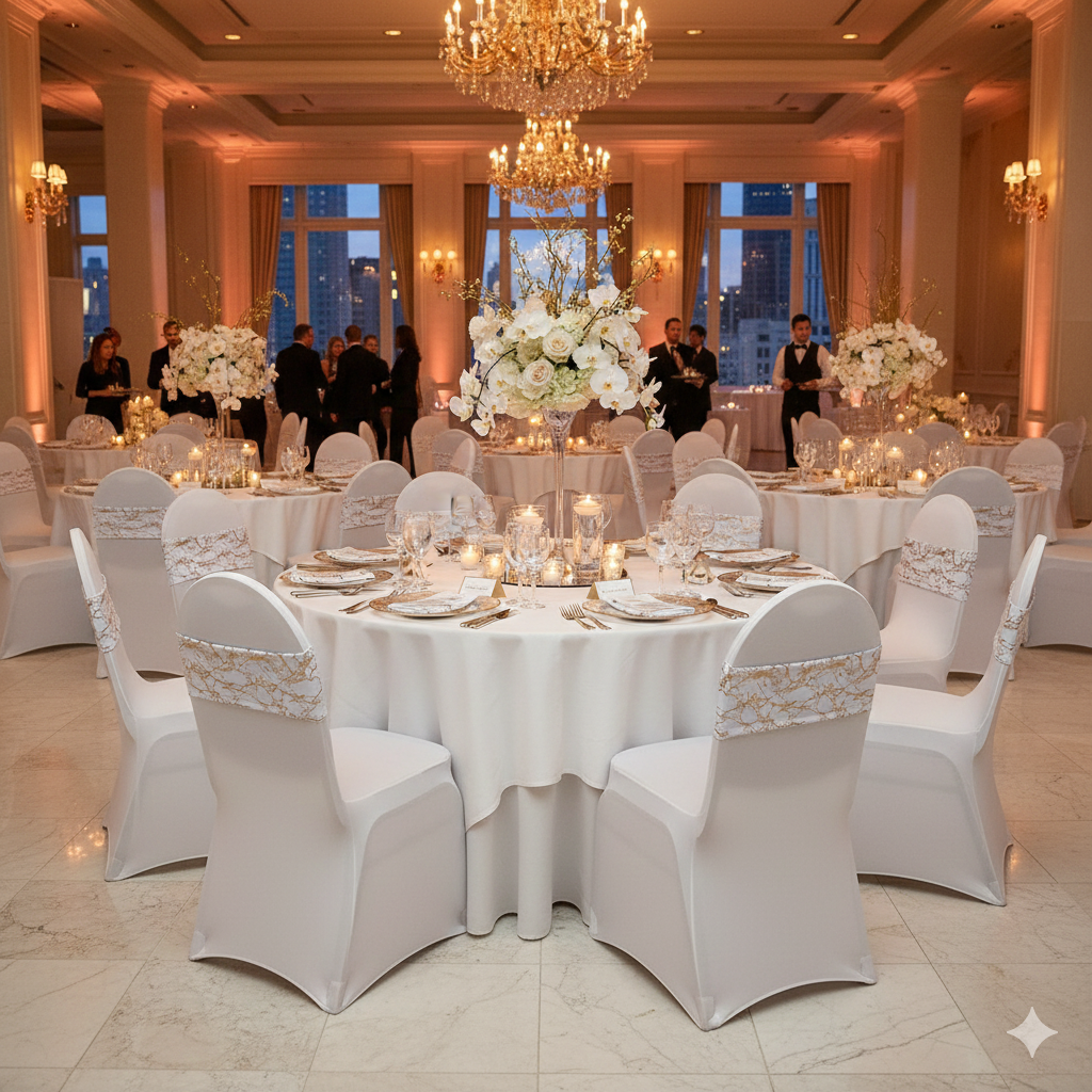 White With Gold Marble spandex bands for weddings and events