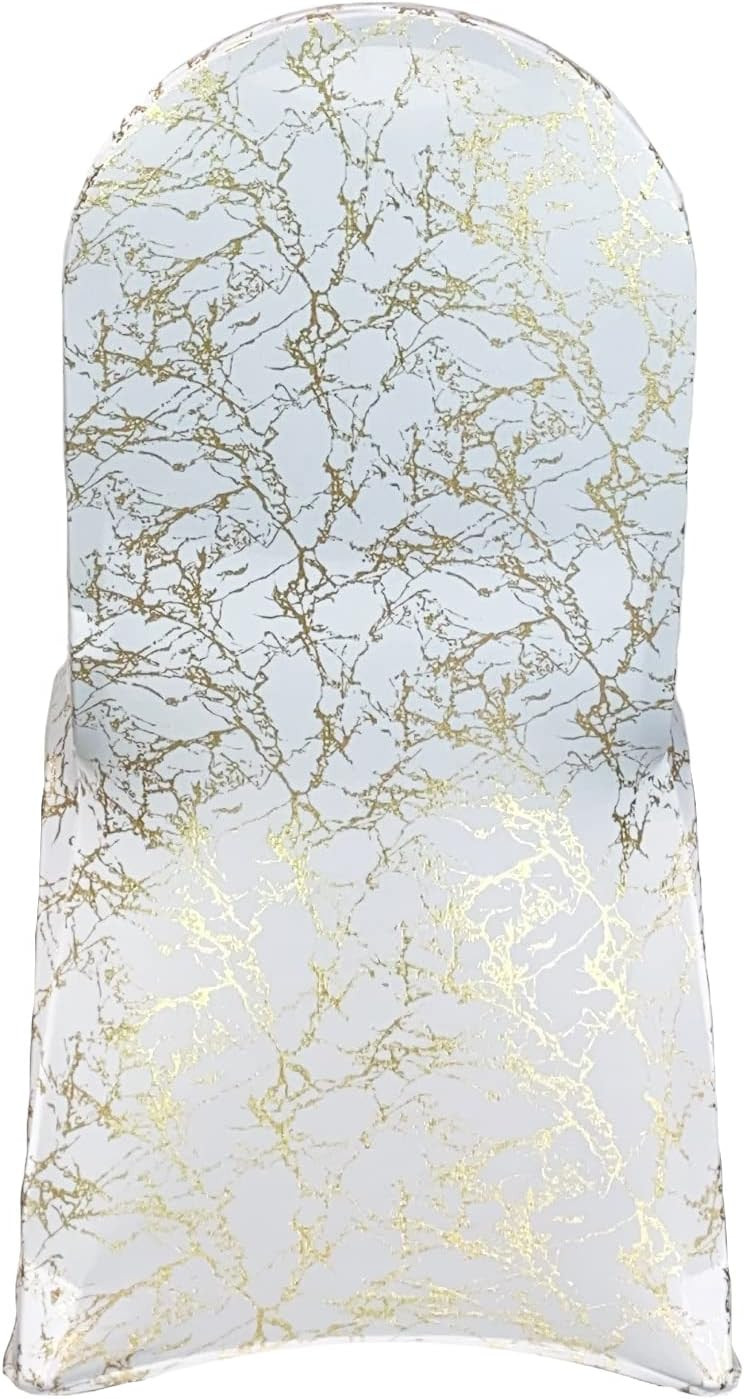 Stretch Spandex Banquet Chair Cover White With Gold Marbling Back