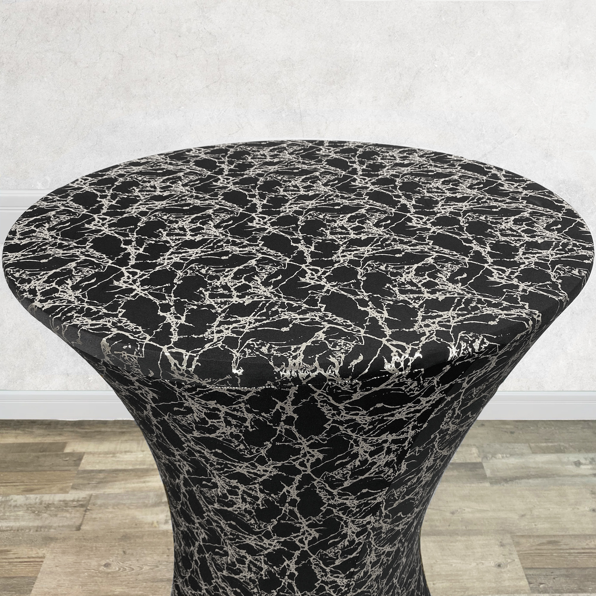 30 inch Highboy Cocktail Round Stretch Spandex Table Cover Black With Silver Marbling top
