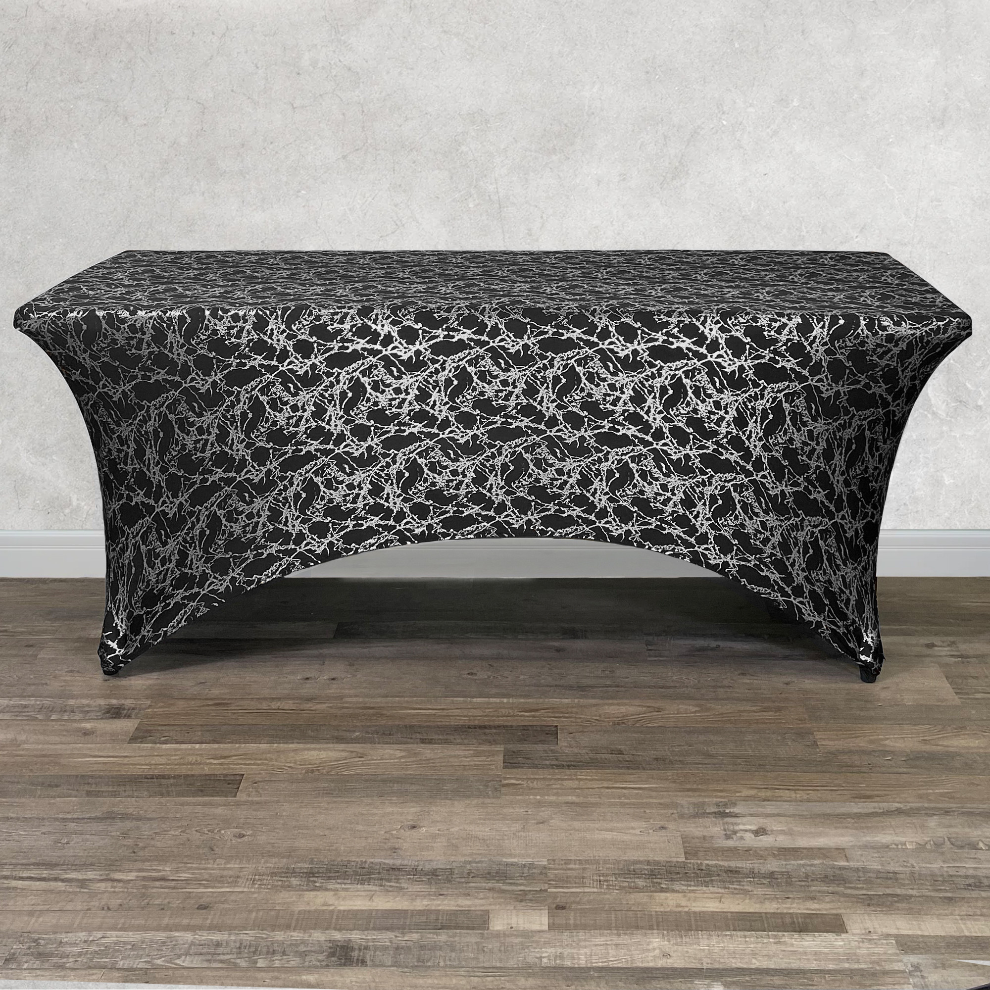 Stretch Spandex 6 ft Rectangular Table Cover Black With Silver Marbling Front