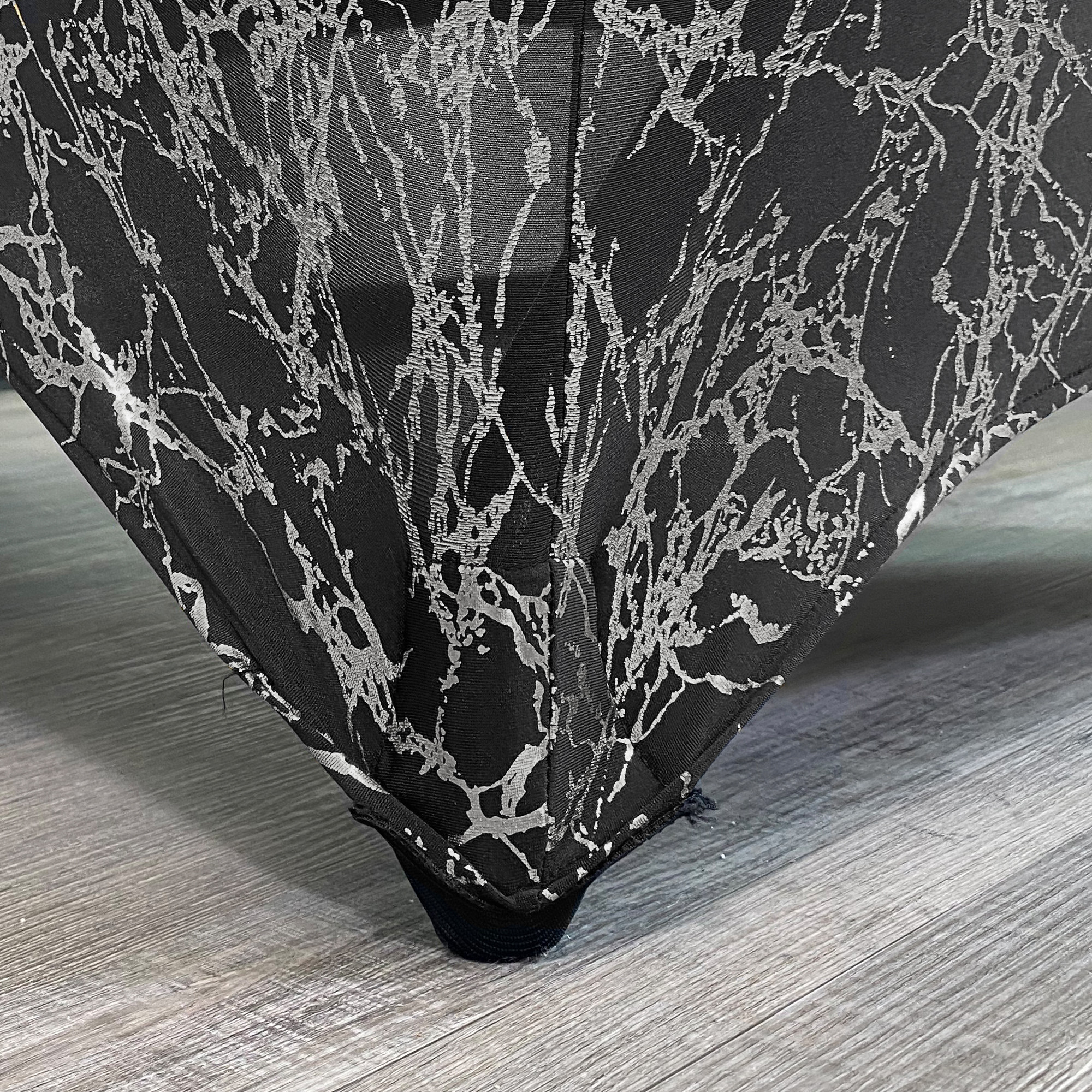 Stretch Spandex 6 ft Rectangular Table Cover Black With Silver Marbling Pocket Outside