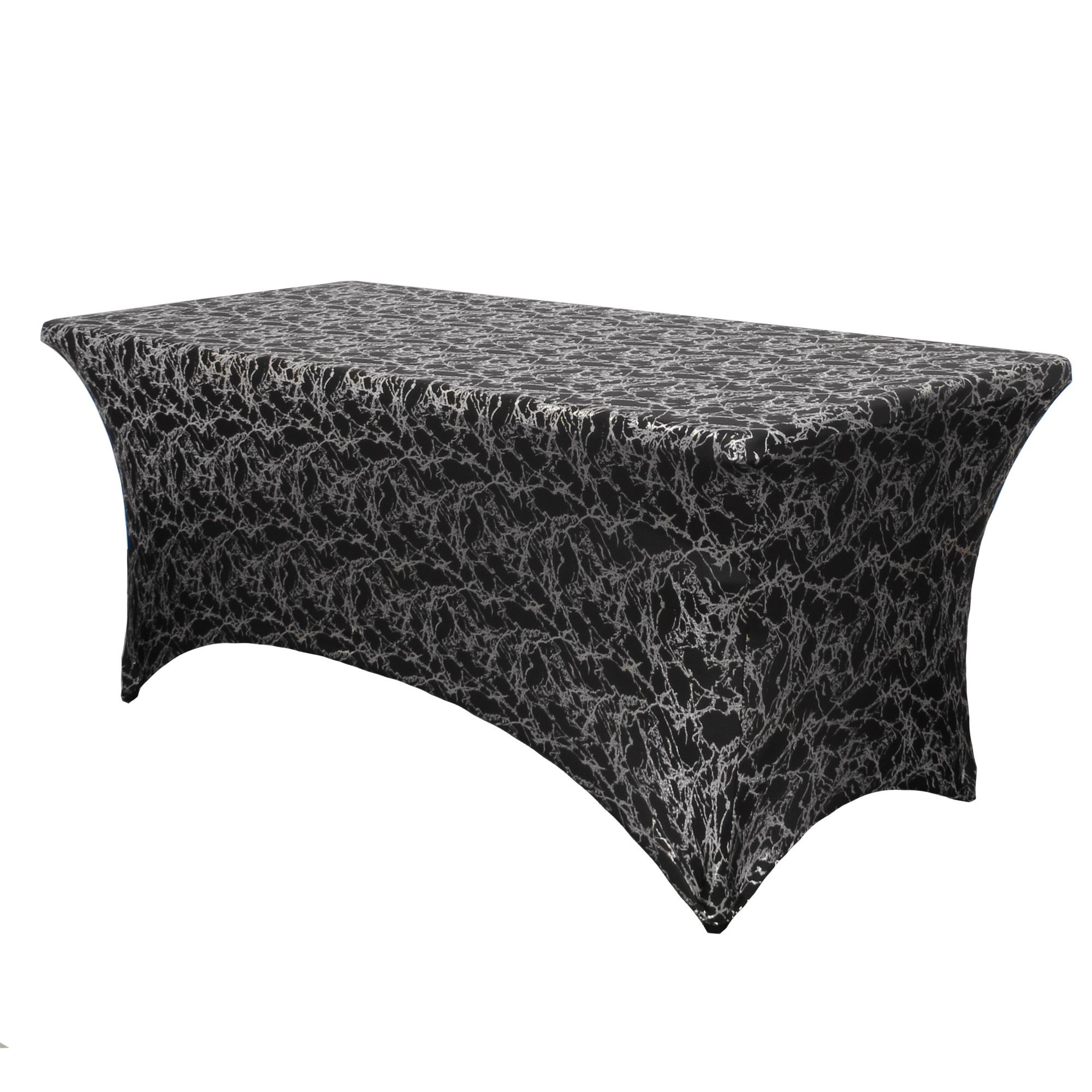 Stretch Spandex 6 ft Rectangular Table Cover Black With Silver Marbling