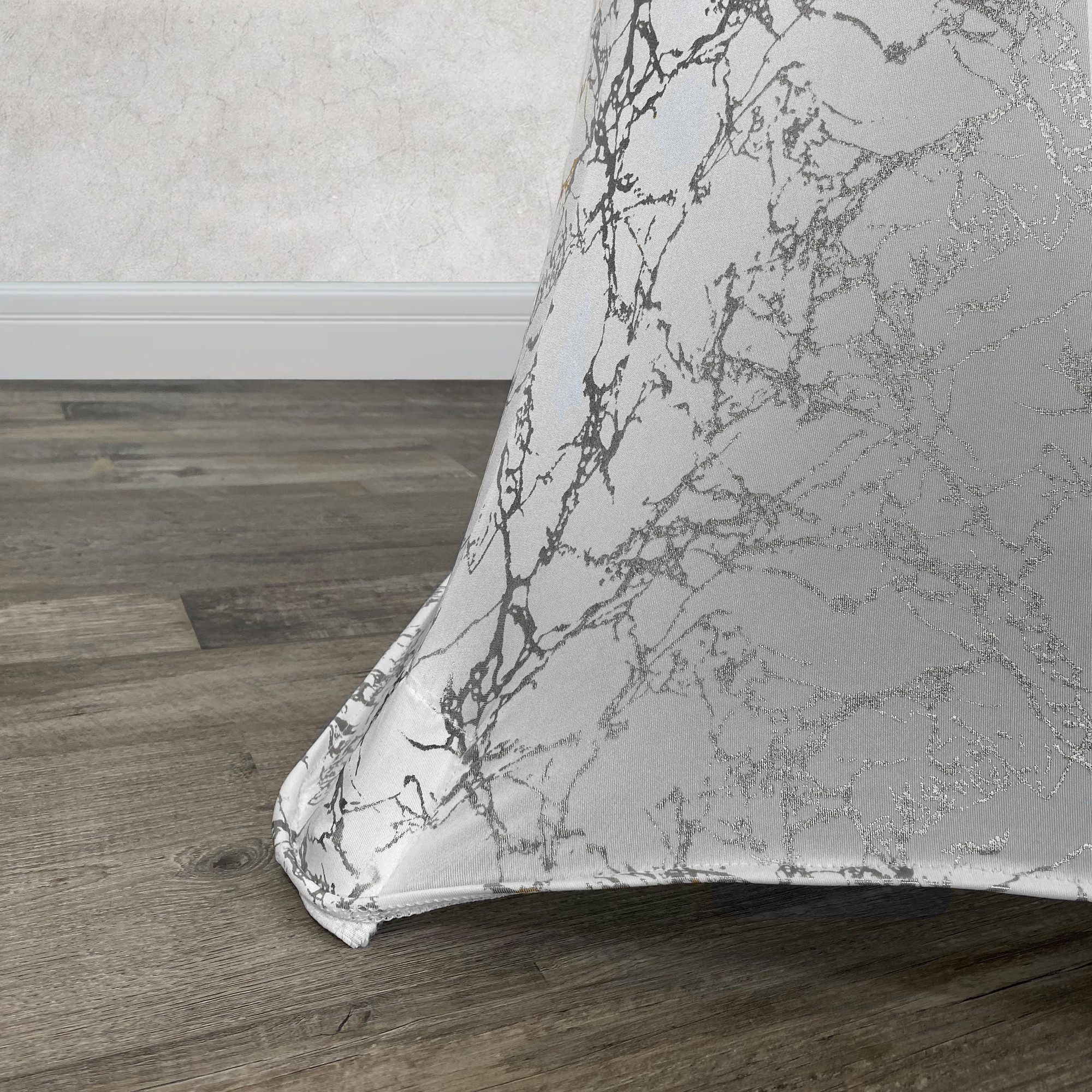 30 inch Highboy Cocktail Round Stretch Spandex Table Cover White With Silver Marbling foot pocket