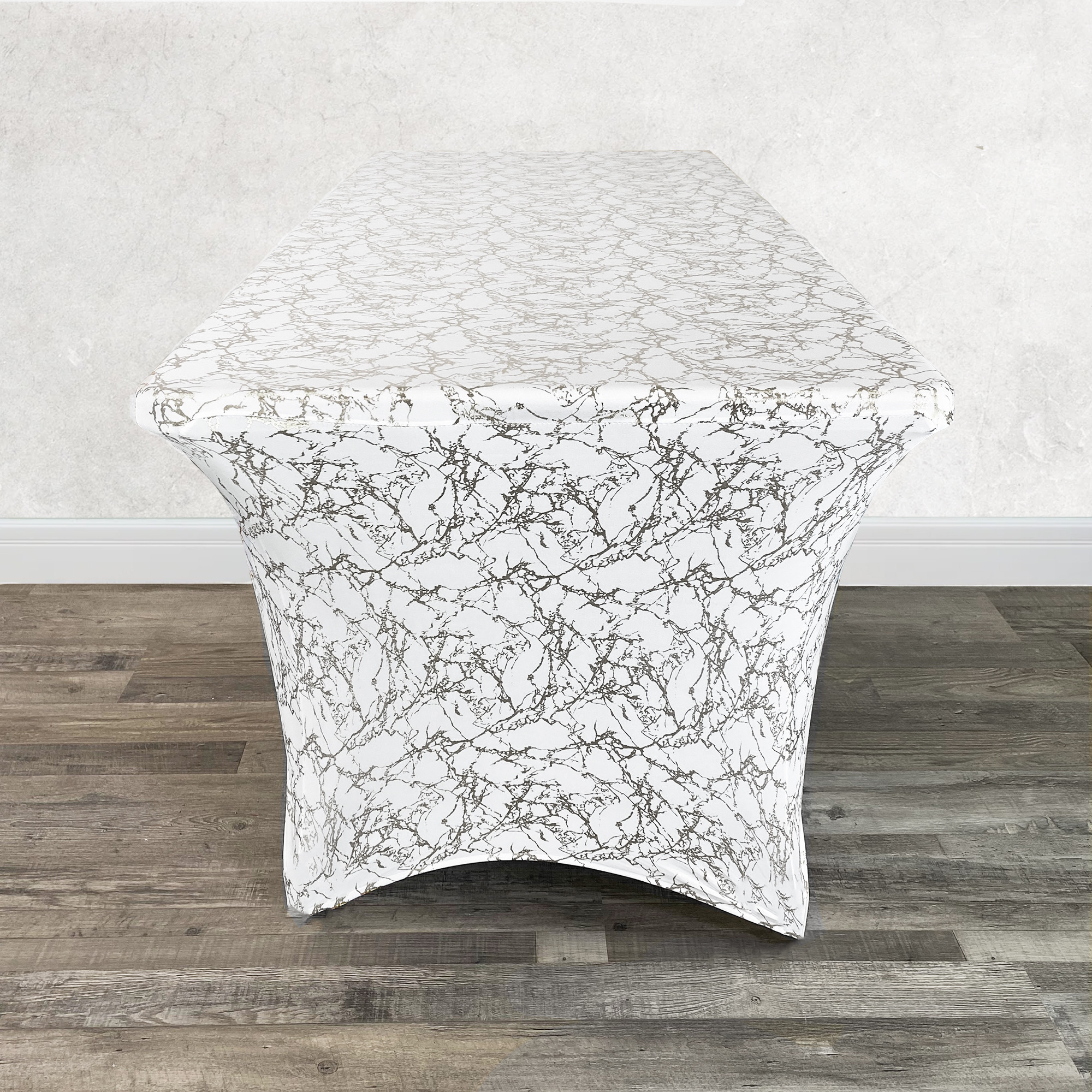  Stretch Spandex 6 ft Rectangular Table Cover White With Silver Marbling Side