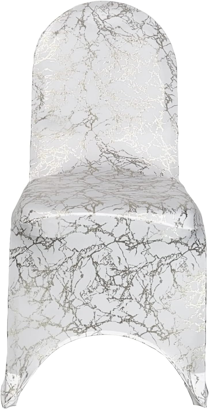 Stretch Spandex Banquet Chair Cover White With Silver Marbling Front