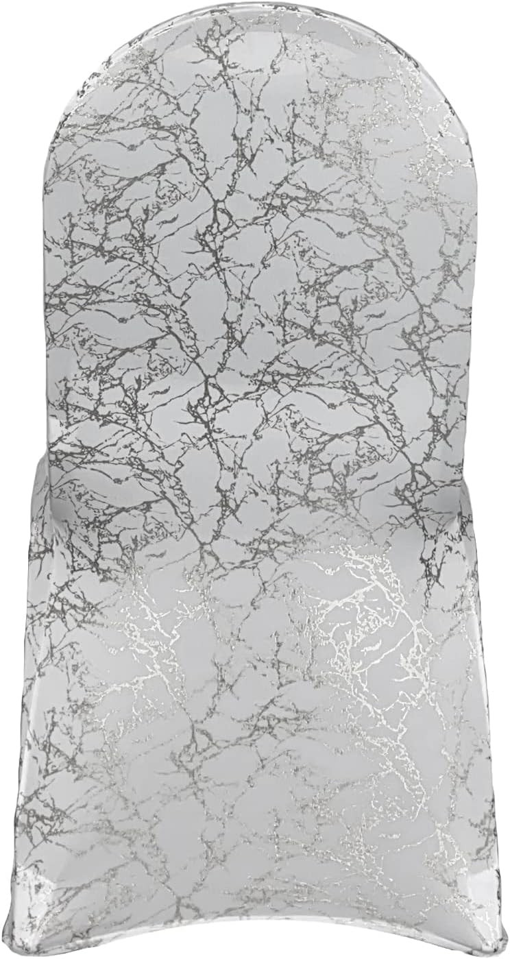 Stretch Spandex Banquet Chair Cover White With Silver Marbling Back
