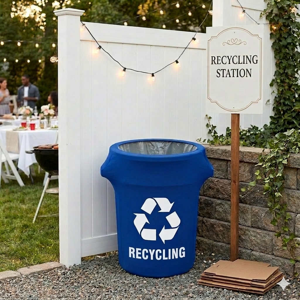 32 Gallon Spandex Trash Can/Waste Container Cover Royal Blue With Recycling Logo lifestyle