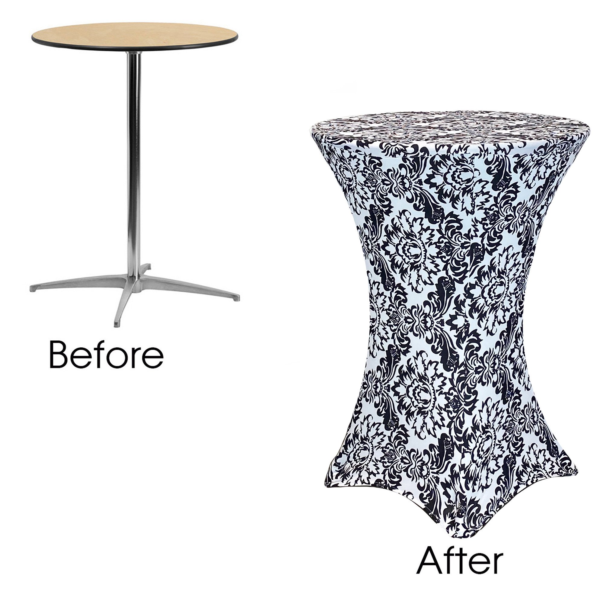 30 Inch Highboy Cocktail Round Stretch Spandex Table Cover Damask On Wooden Table