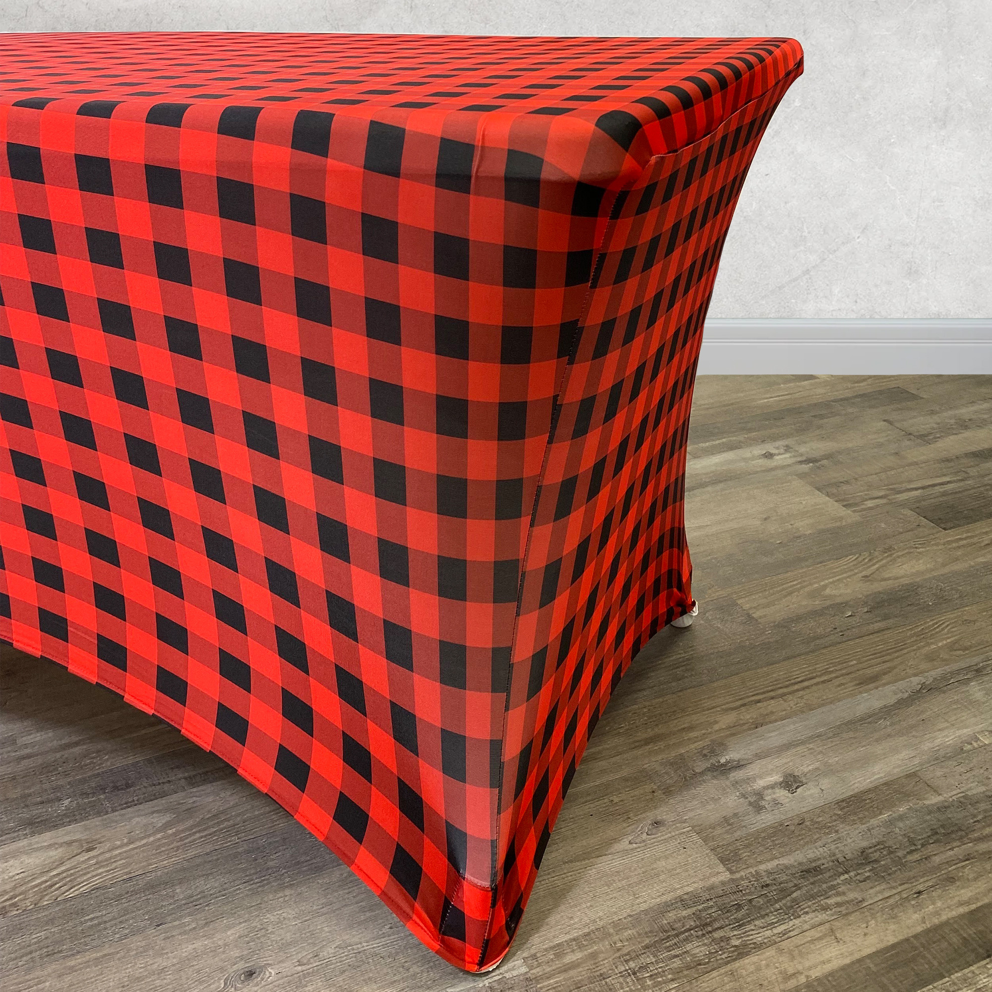 Stretch Spandex 6 Ft Rectangular Table Cover Red Buffalo Plaid Front Side Corner