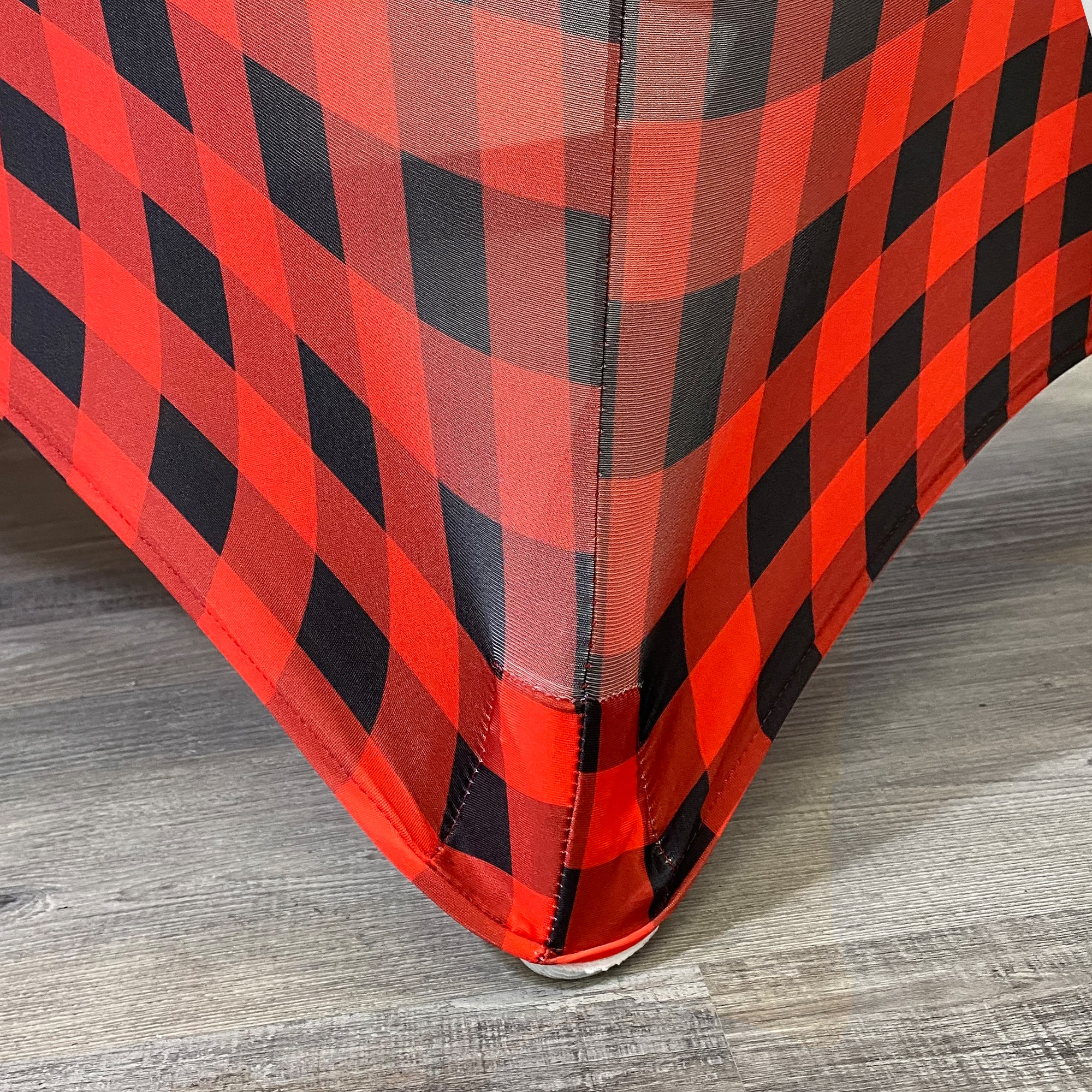 Stretch Spandex 8 Ft Rectangular Table Cover Red Buffalo Plaid Pocket Outside