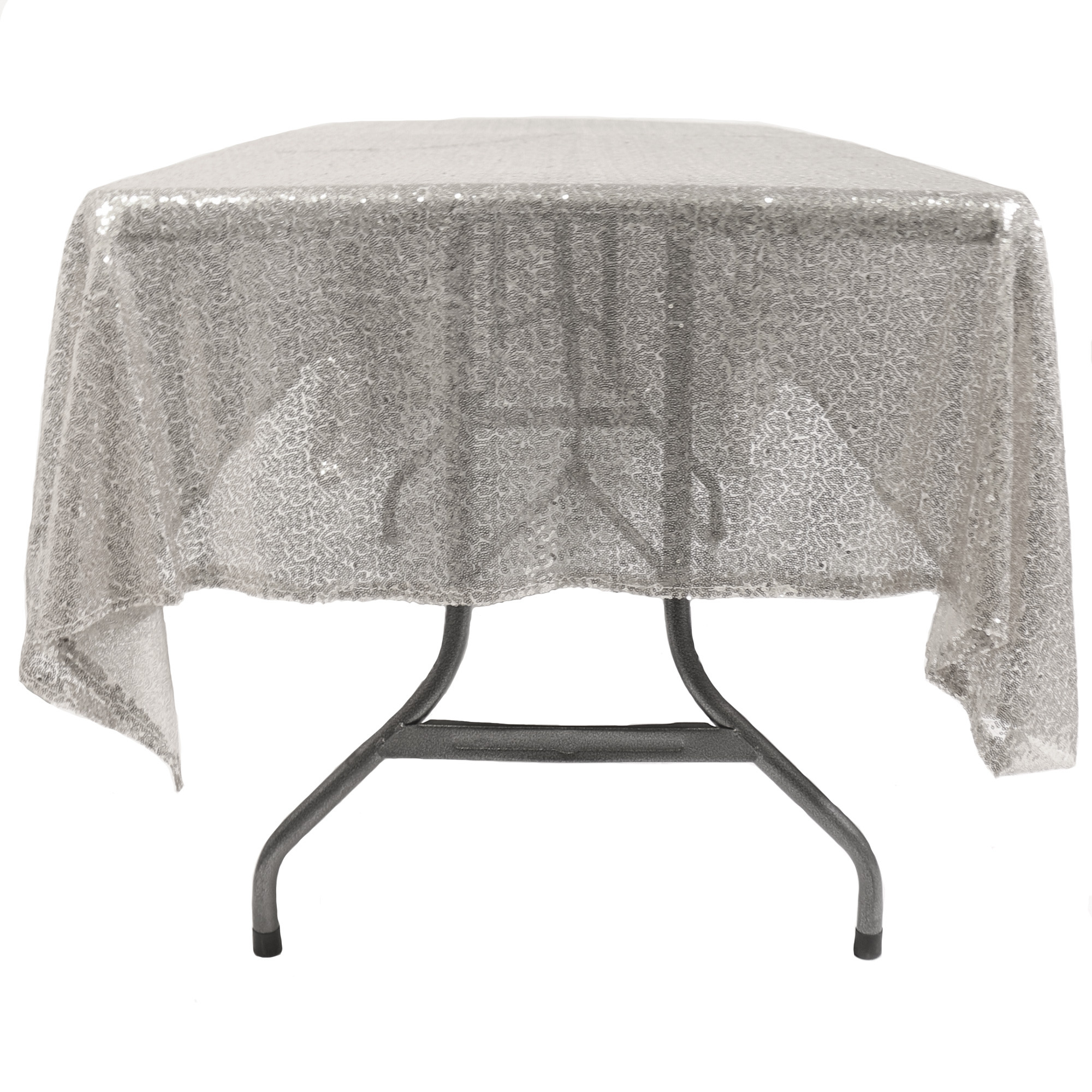 60 x 102 inch Rectangular Glitz Sequin On Mesh Tablecloth Silver Front Side