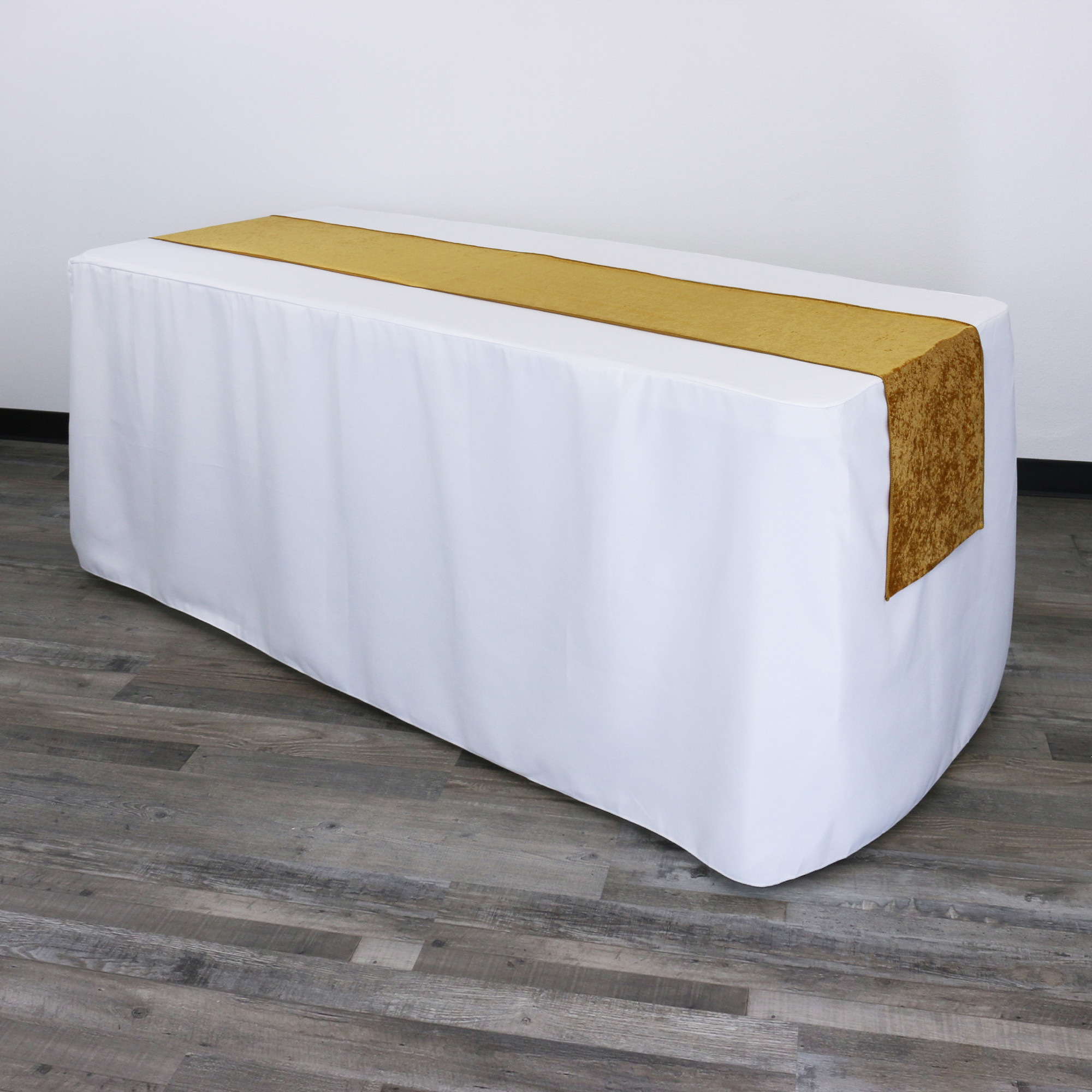 14 x 108 Inch Velvet Table Runner Gold on a rectangular table