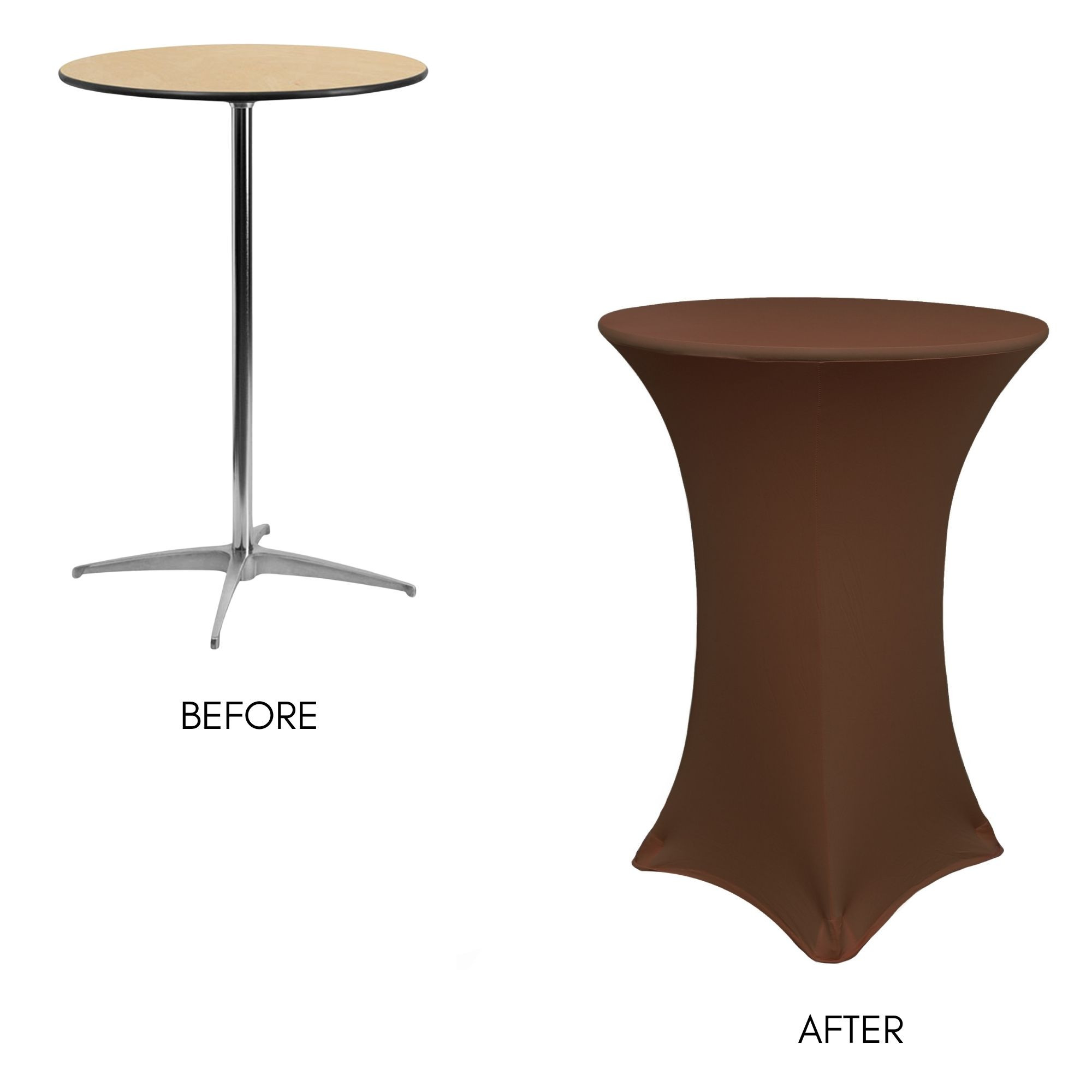 30 inch Highboy Cocktail Round Stretch Spandex Table Covers Chocolate Brown wooden table