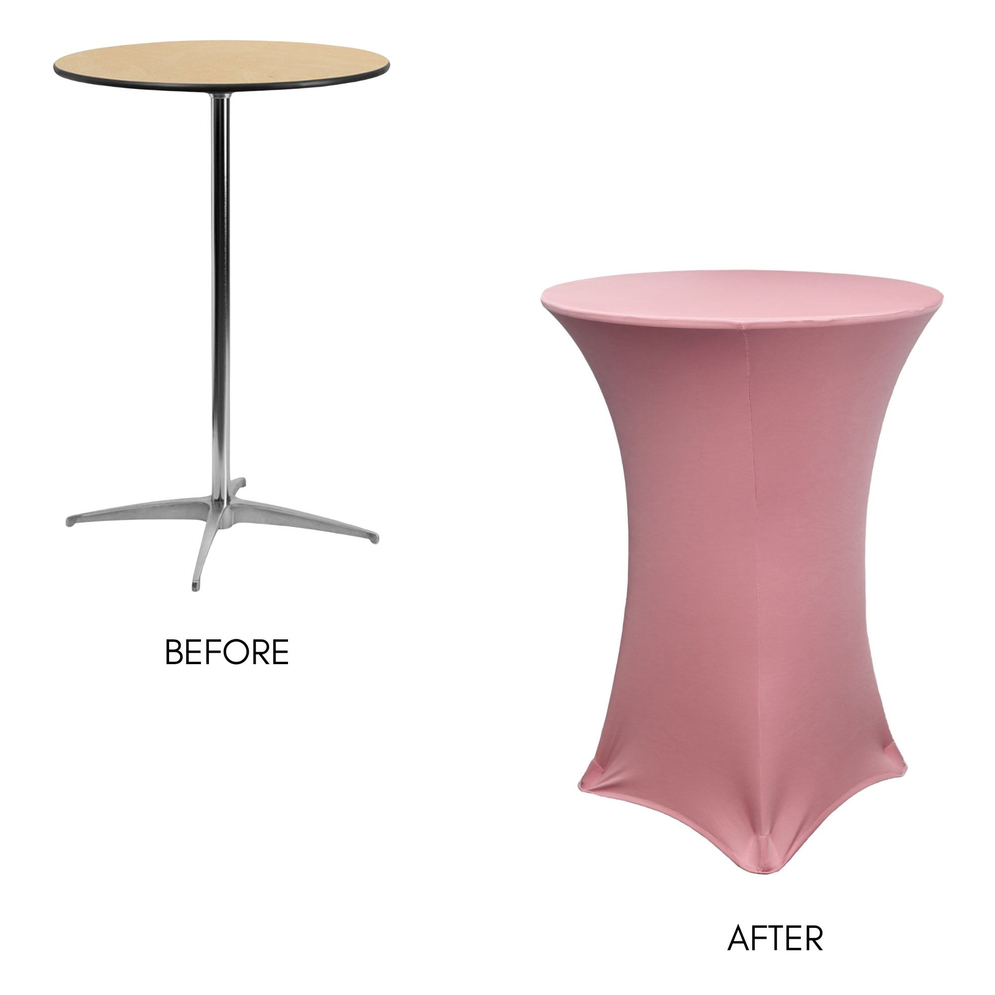 30 Inch Highboy Cocktail Round Stretch Spandex Table Cover Dusty Rose on wooden table